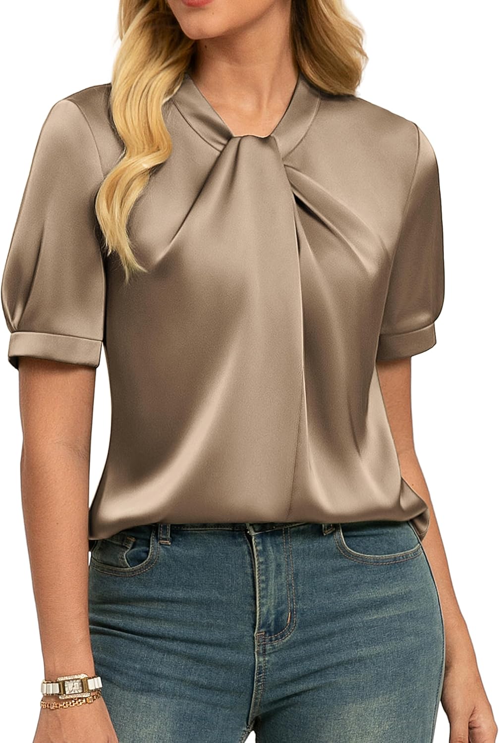 GRACE KARIN 2026 Women Satin Tops Short Sleeve Blouse Mock Neck Work Silk Shirts Business Casual Outfits