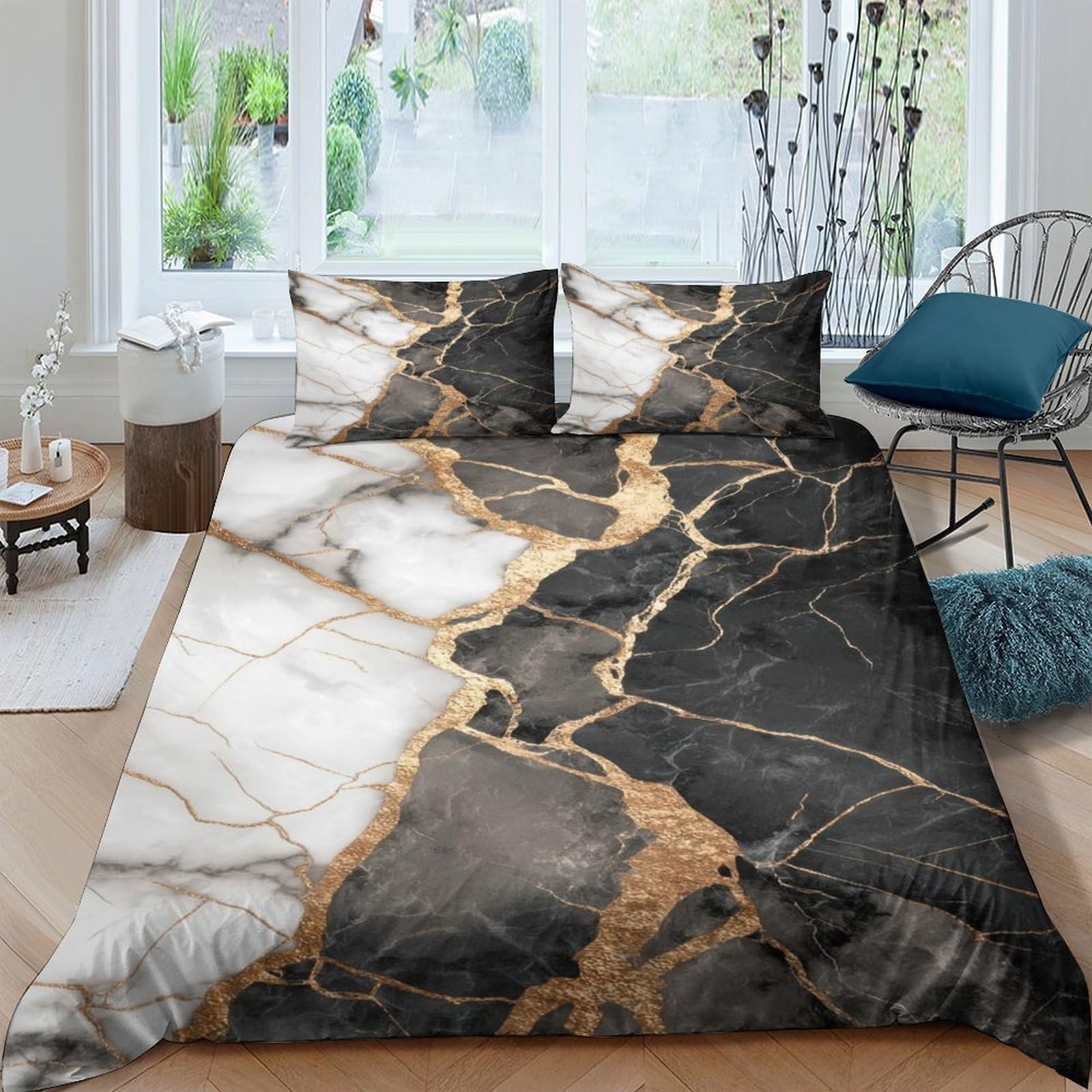 Ctjqhvkz Style-10 3D Printed Marble Gold Vein Fitted Sheet Microfiber Soft Anti-Slip Black White Abstract Mattress Cover For Bedroom Dorm Single（135X200cm）