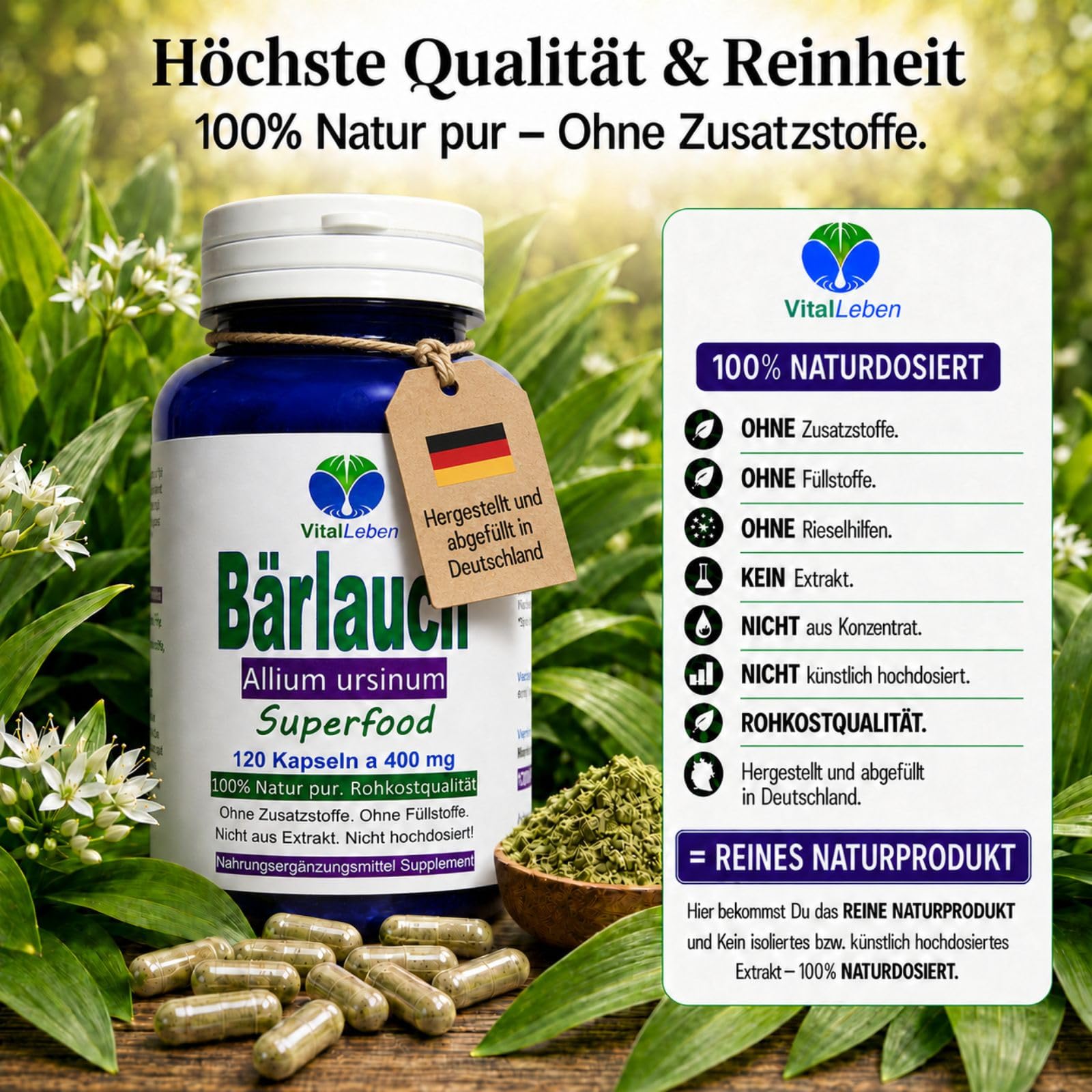Bärlauch 360 (3x120) Kapseln Wildwuchs Frischblatt Bärlauch wilder Knoblauch. Natürliche Schwefelquelle, geruchlos, ohne Aufstoßen. Natur pur. Kein isoliertes Extrakt. Ohne Zusatzstoffe. 26795-3