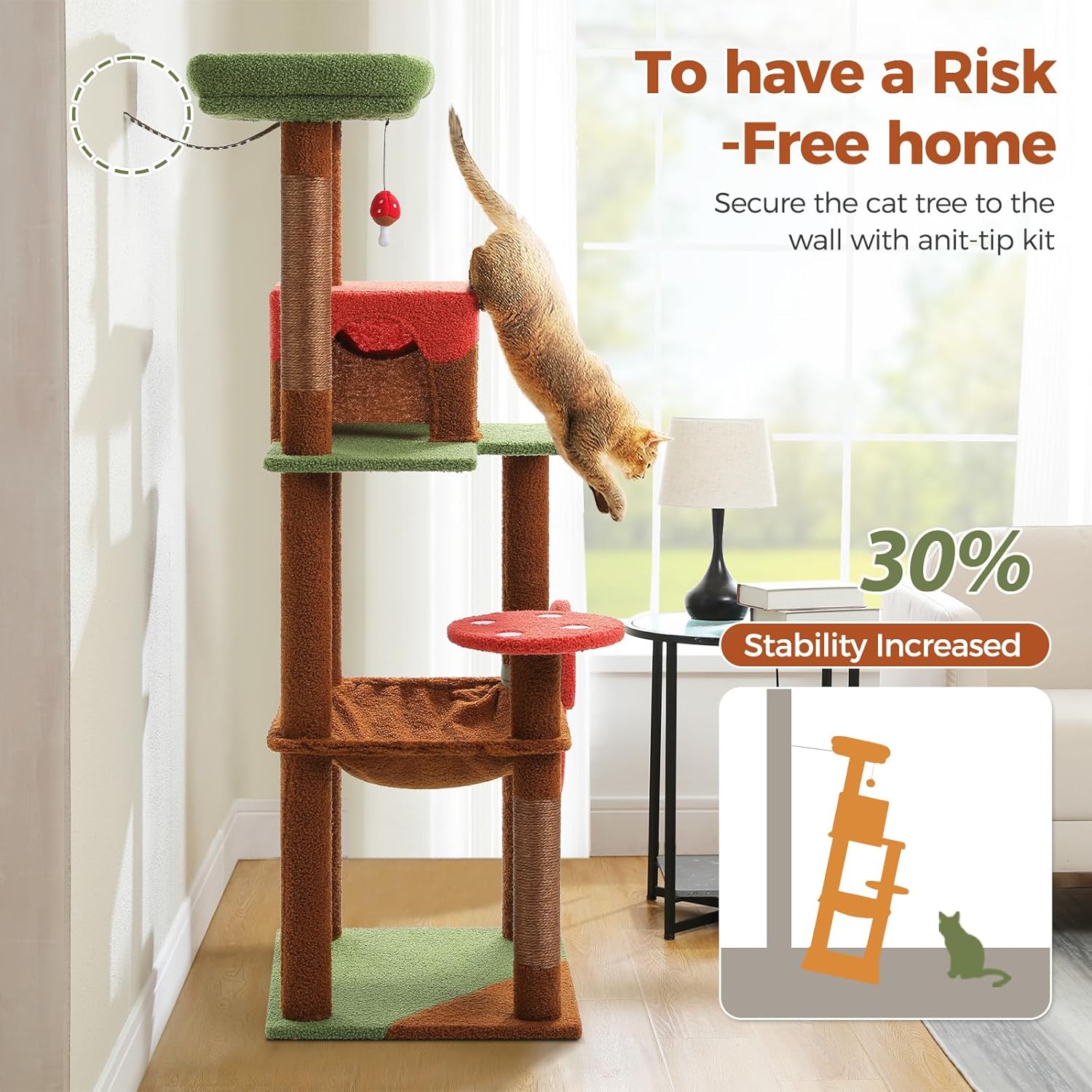Diagram showing how to secure the cat tree to a wall using an anti-tip kit for increased stability.