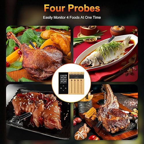 Miniatura 4 de Termómetro inalámbrico inteligente para carne, 4 sondas de cerámica, pantalla dividida grande mejorada, alerta de temperatura, aplicación Bluetooth