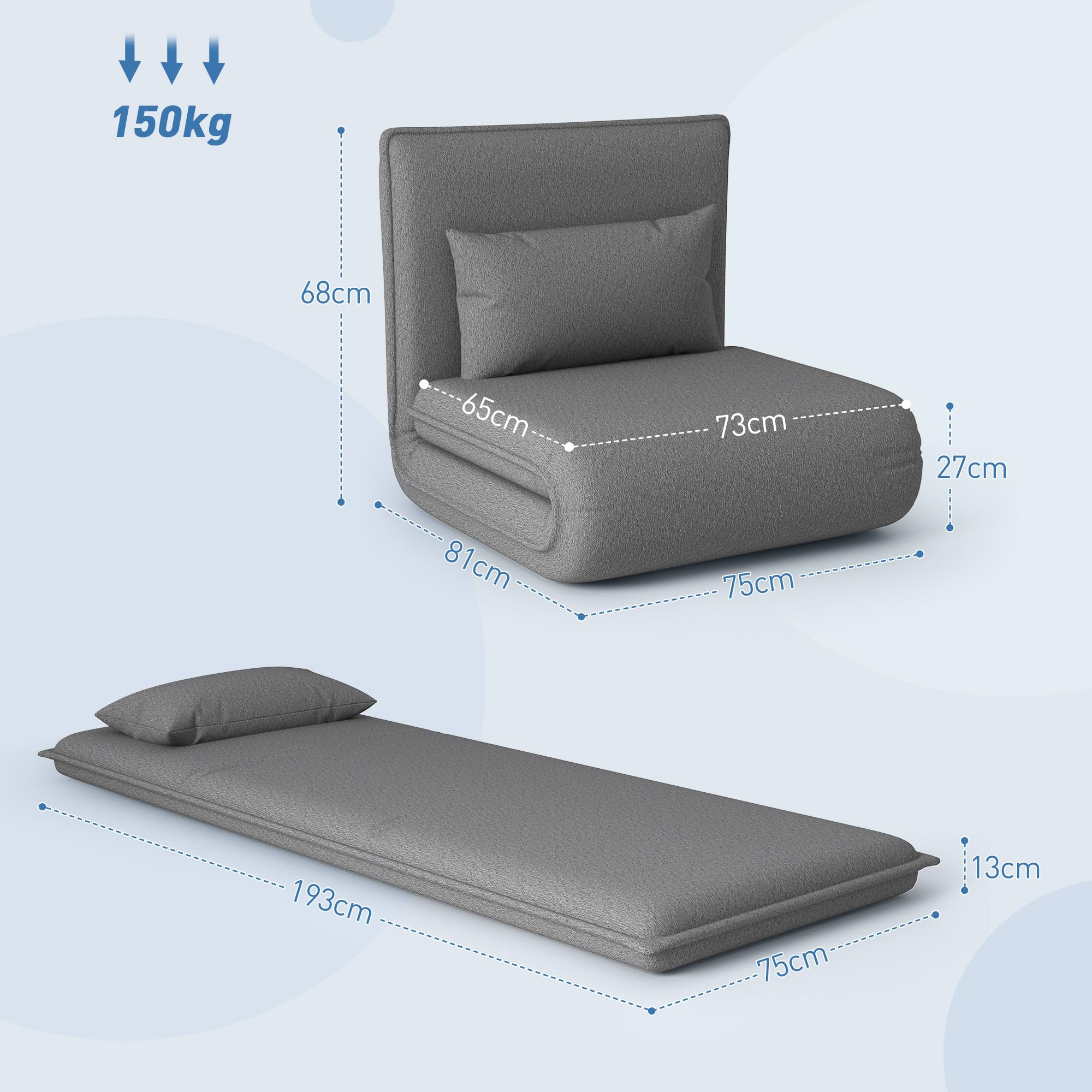 HOMCOM Bodensofa 3-in-1 Klappbar Schlafsofa mit 6-Fach verstellbar Rückenlehne Kissen Gepolstert Sofabett mit Schlaffunktion, bis 150 kg belastbar, für Schlafzimmer, Wohnzimmer, Dunkelgrau