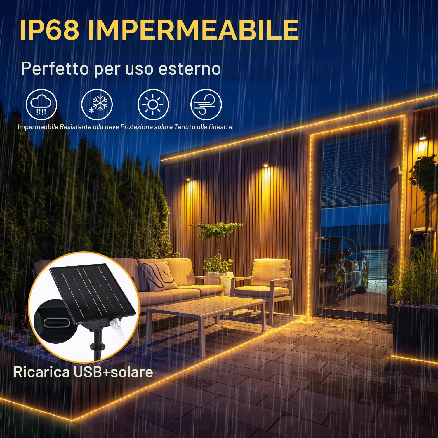 StarryEver Tubo luminoso solare per esterni, 30 m, 1200 LED, 2700 K, luce bianca calda, funzione di ricarica USB, IP68, resistente alle intemperie, con telecomando, per esterni, tubo di luce per