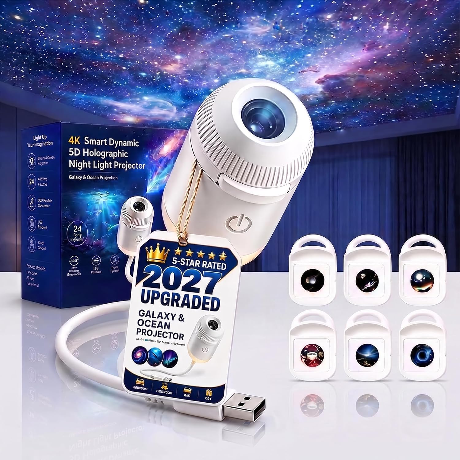 HiGropcore HD Smart Dynamic 5D Holographic Night Light Projector, Plug and Play HD Galaxy Star and Ocean Projector with 3/6/12/24 Films,360° USB Powered Ceiling Light for Bedroom Decor，with 6 Films