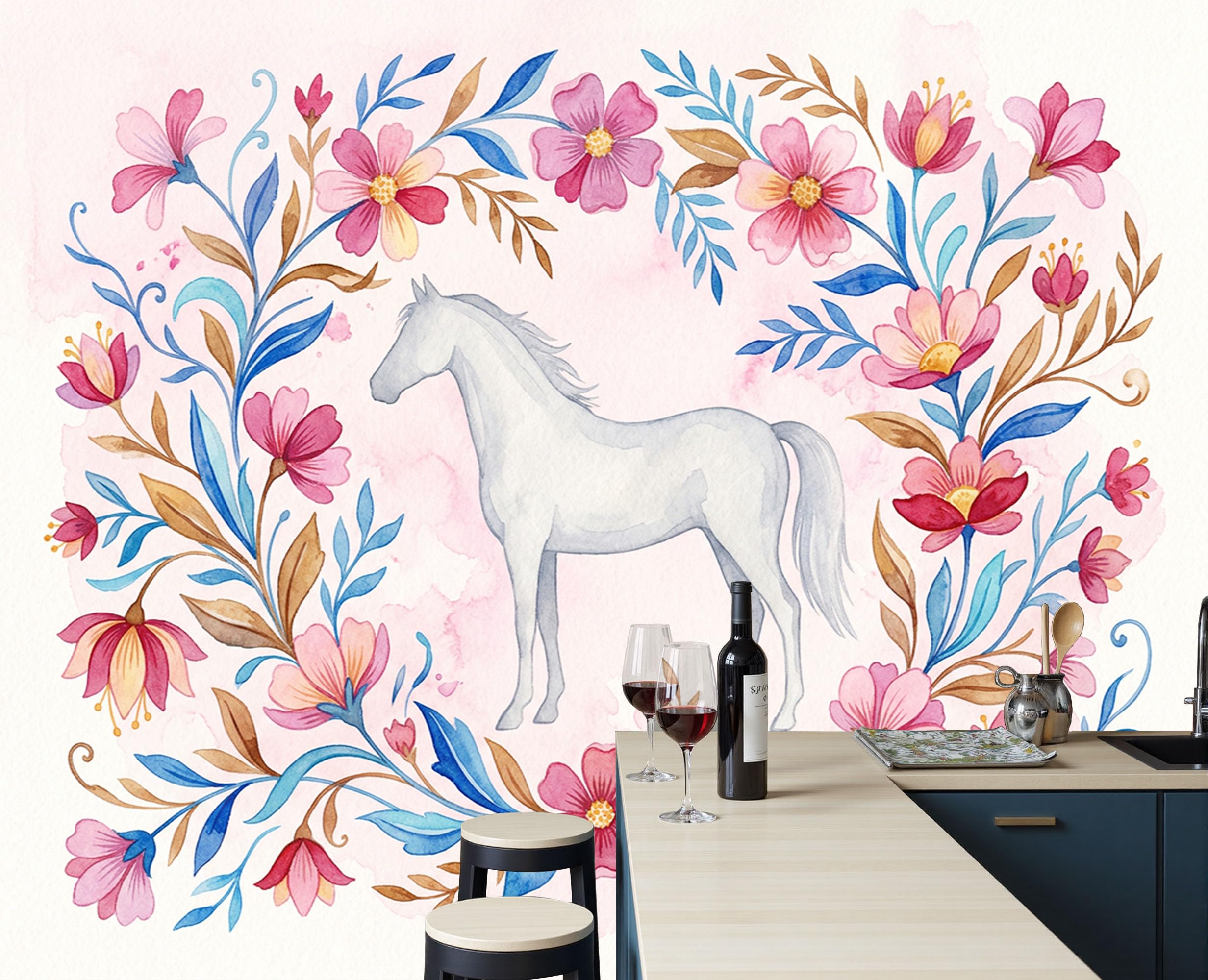Papier peint panoramique intissé Cheval tapisserie murale Rose XXL