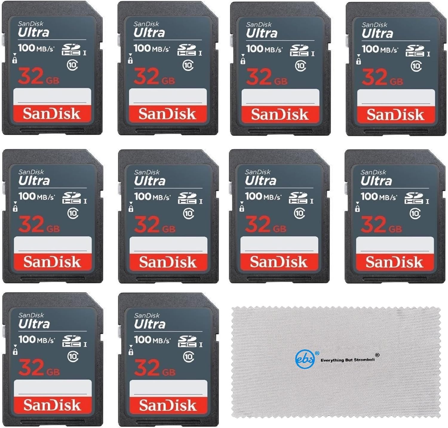 Amazon Crazy 🔥 Deals SanDisk 32GB Ultra SD Memory Card (10 Pack) SDHC UHS-I Card Class 10 (SDSDUNR-032G-GN3IN) Bundle with 1 Everything But Stromboli Microfiber Cloth