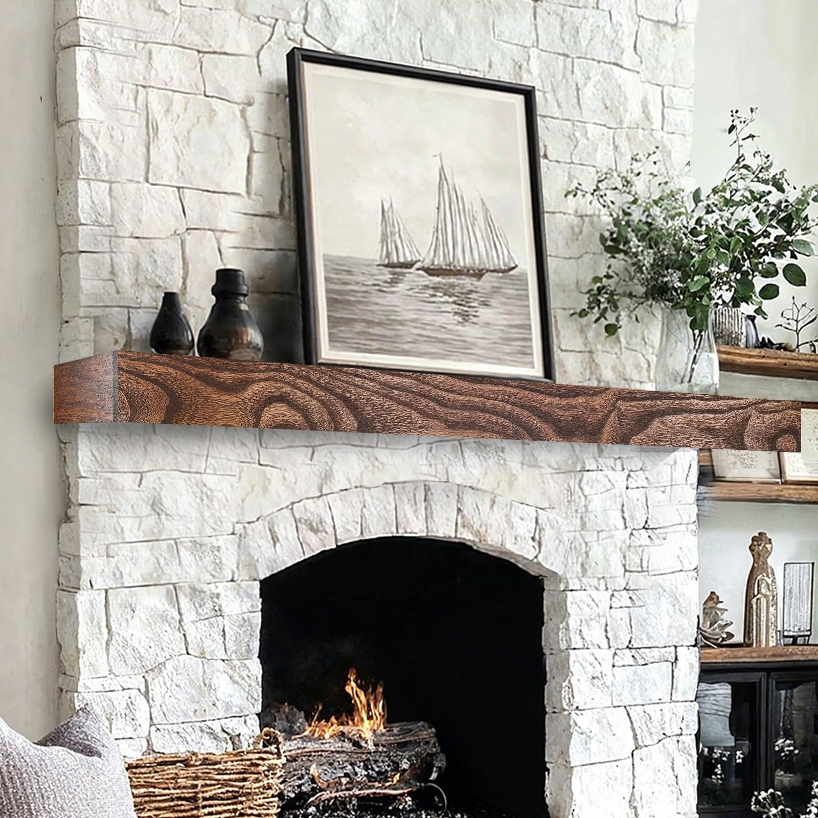 Fireplace Mantel Shelf, 72×8×3 Inch Wooden Floating Shelf for Over Fireplace, Handcrafted Wood Mantels, Wall-Mounted Mantel Shelves, Rustic Floating Mantels Shelves for Living Room, Brown