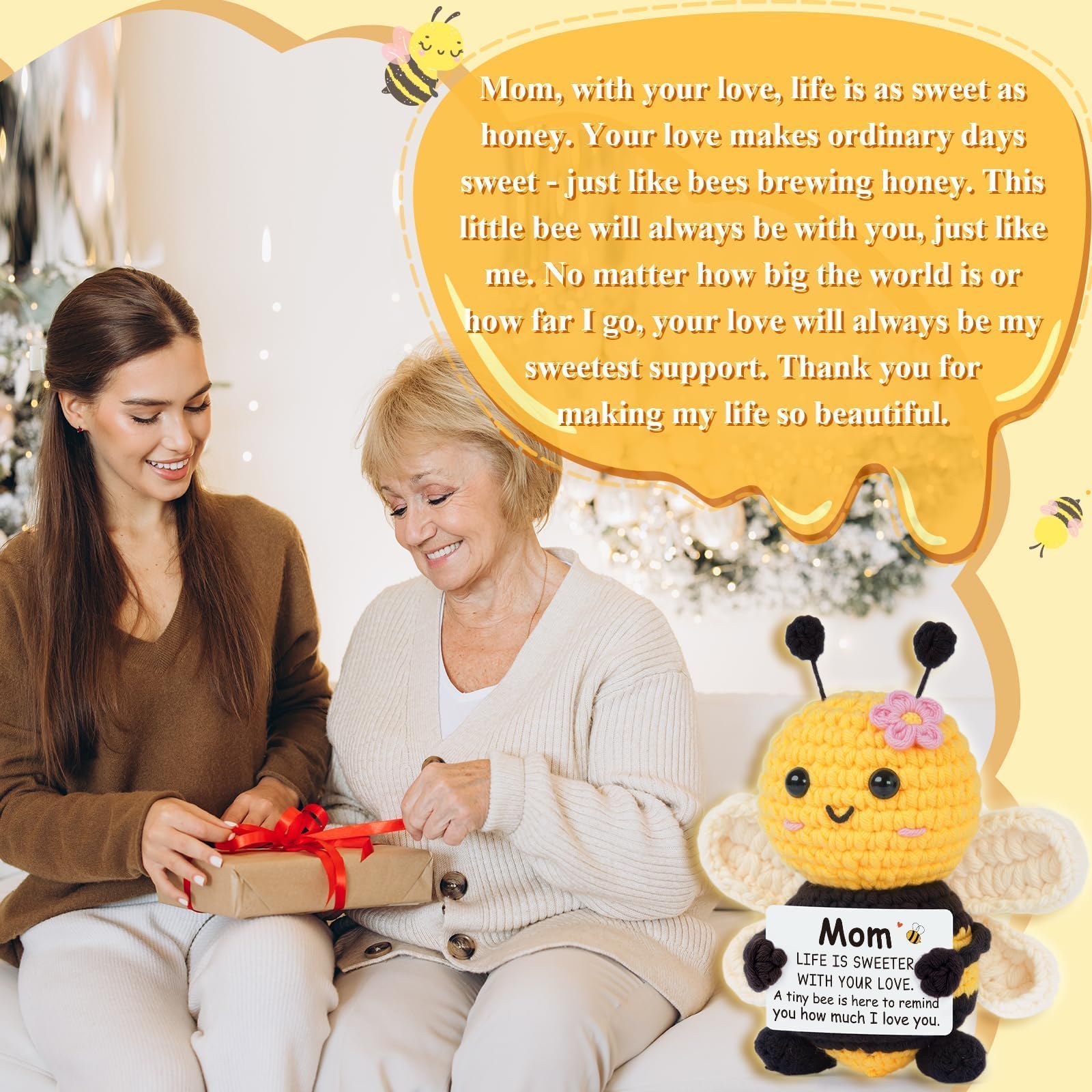 Gifts for Mom from Daughter Son, Mom Birthday Gifts - Cute Handmade Crochet Bee - Birthday Valentines Mothers Day Christmas Bonus Step Mother In Law, I Love You Mama Present, Emotional Support Decor