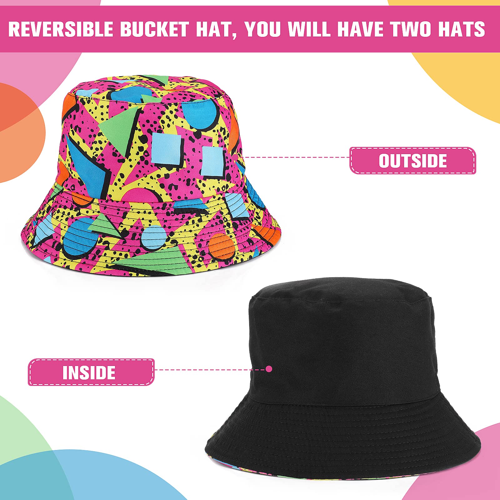 Lusofie Kapelusz typu bucket w stylu retro z lat 80. dla mężczyzn kobiet zabawny kapelusz disco typu bucket na dyskotekę hip-hop impreza dwustronna przenośna czapka z nadrukiem kapelusz rybaka dla