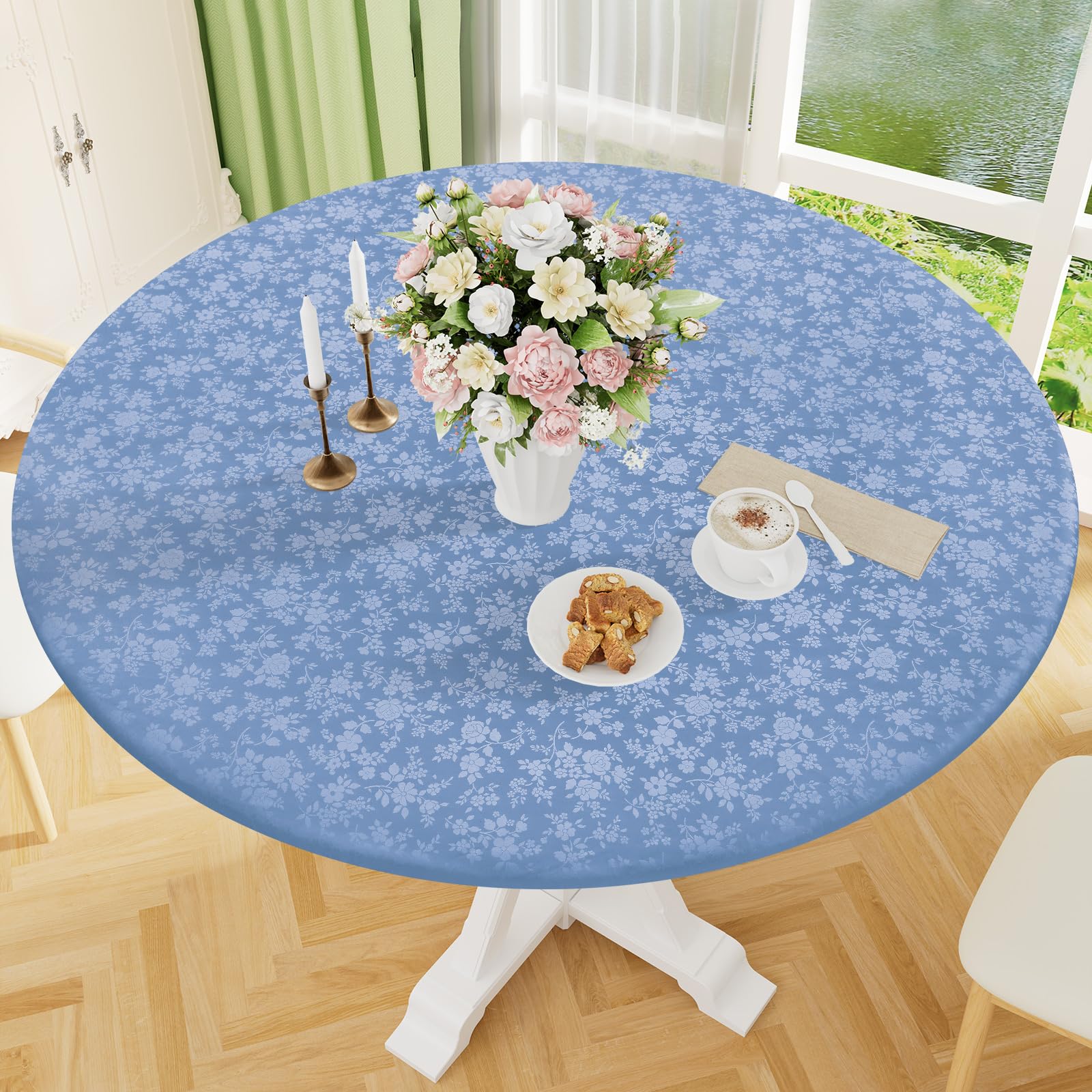 Smiry Waterproof Heavy Duty Vinyl Fitted Tablecloth for 45"-56" Round Table