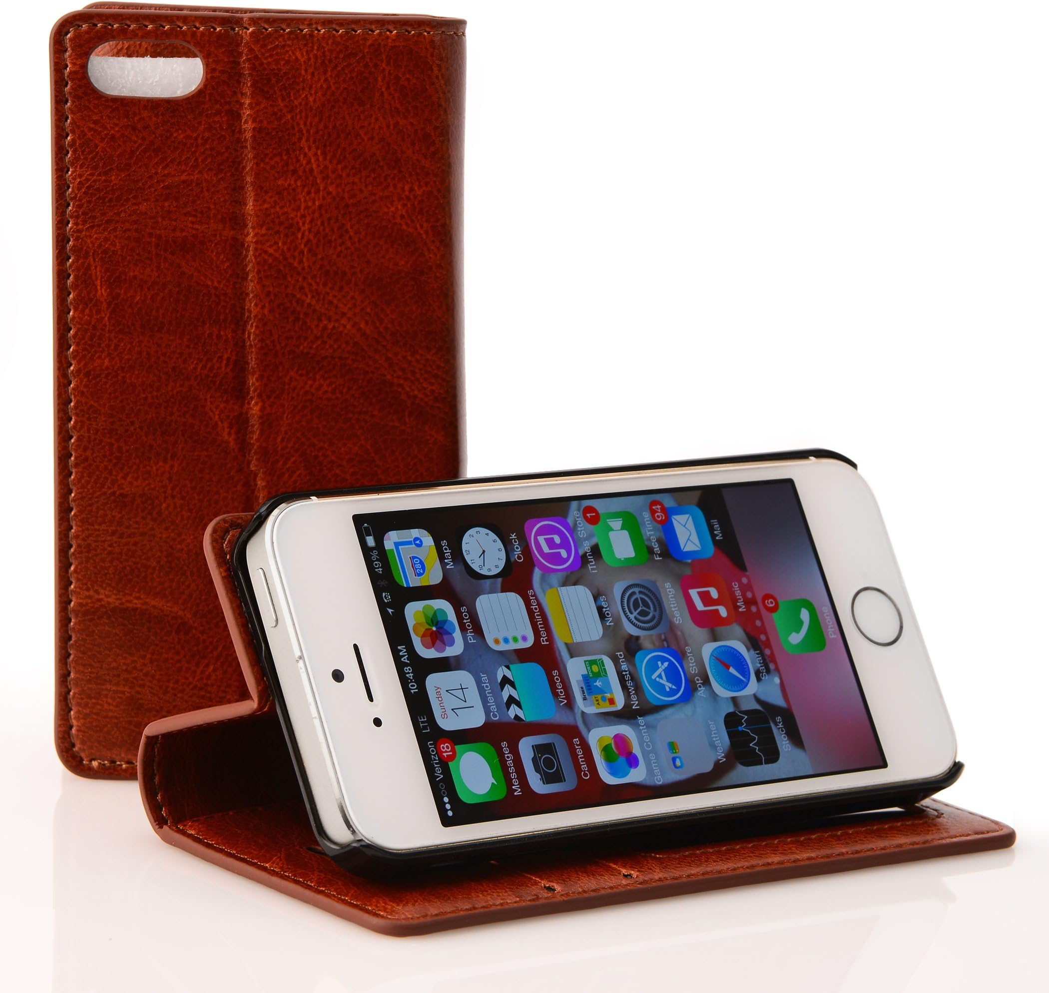 Stony-Edge Leather Flip Case & Stand, Money Wallet & Credit Card Holder, for iPhone 5s Credit Card Case with Clear ID Window, Premium Quality, Includes FREE Polishing Cloth, Backed by a 2-Year Warranty - Light Brown