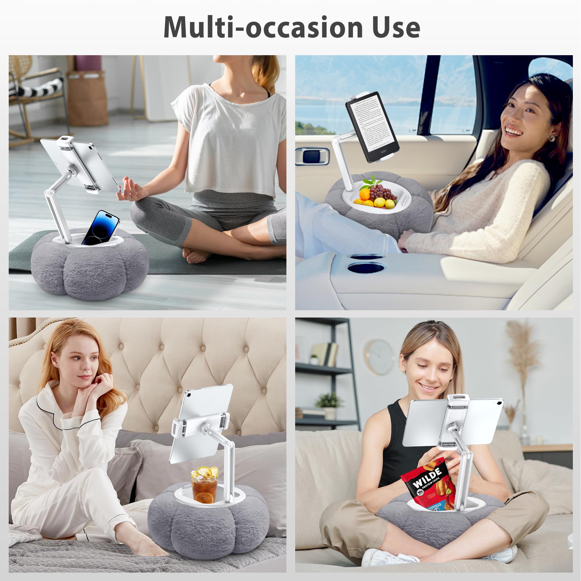 CreaDream Pumpkin - Supporto per cuscino da tablet per Kindle, regolabile, con ciotola per snack rimovibile, compatibile con tablet da 4,7"-13", iPad, iPhone, Samsung Tabs, grigio