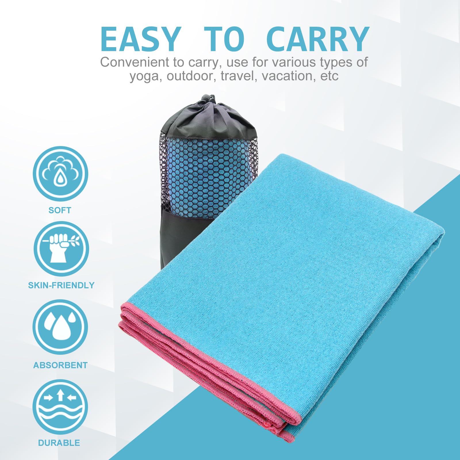 Non-Slip Sweat Absorbent Yoga Towel With PVC Grip For Bikram Pilates Hot Yoga Mat Cover And Mesh Carrying Bag