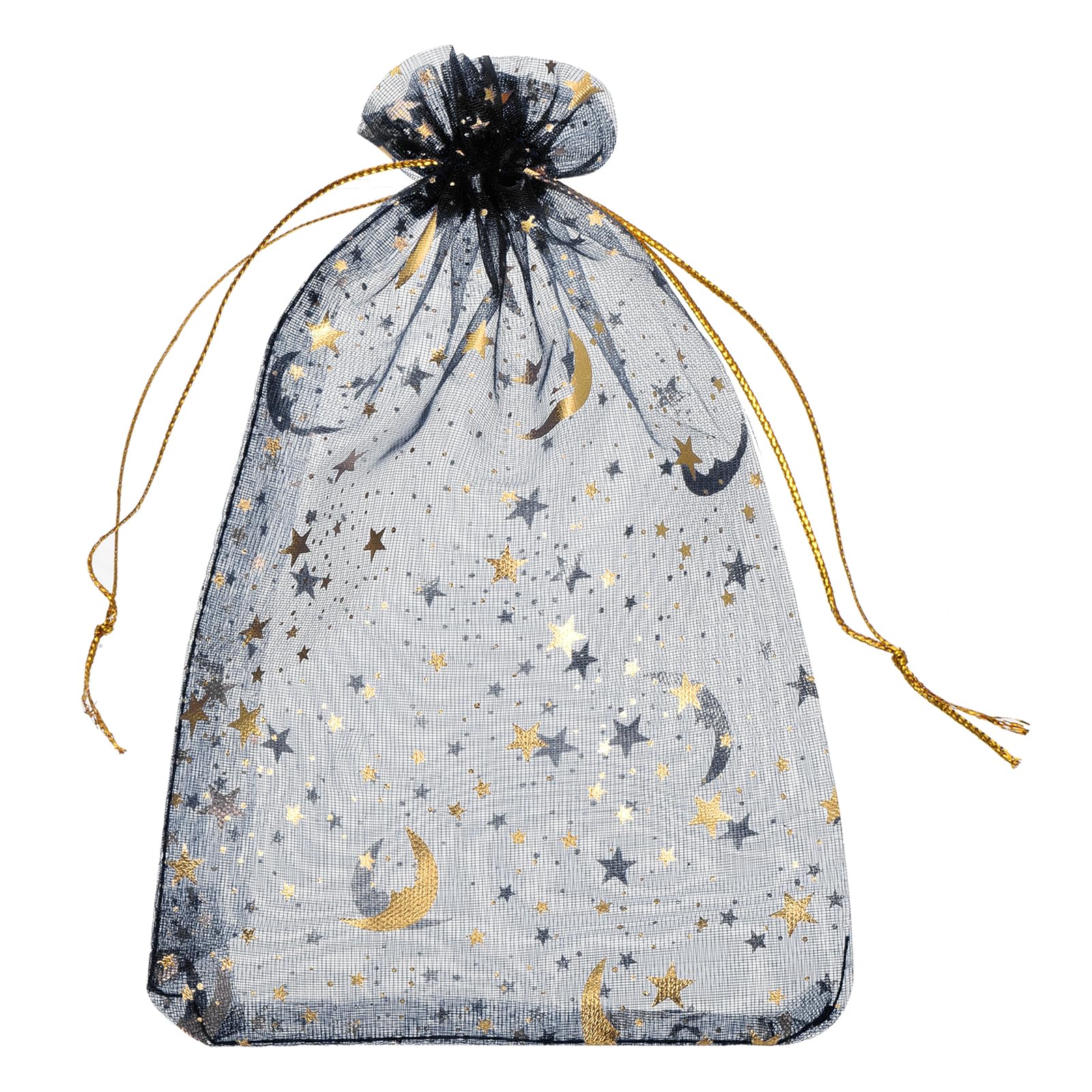 sourcing map Organza Bag 5" x 7", Sheer Moon Star Mesh Bags Drawstring Gift Bags Bulk Party Favor Bag Jewelry Pouches for Wedding Candy Valentines (Black-Gold, Pack of 50)