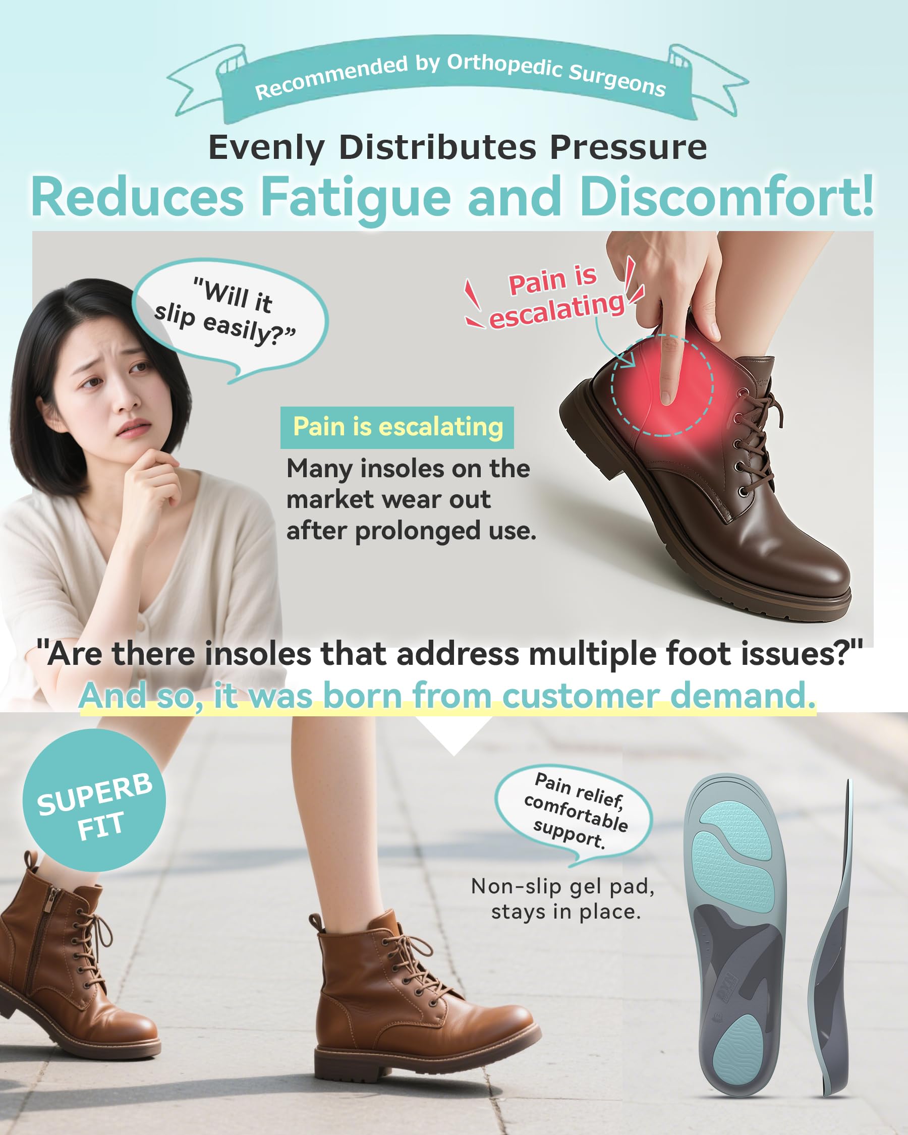 Solette Per Supinazione, DynWalker Solette Ammortizzanti, Fodera Doppio Gel Per Migliorare L'Ammortizzazione E La Resistenza Allo Scivolamento, Adatta Per Uomo E Donna,L