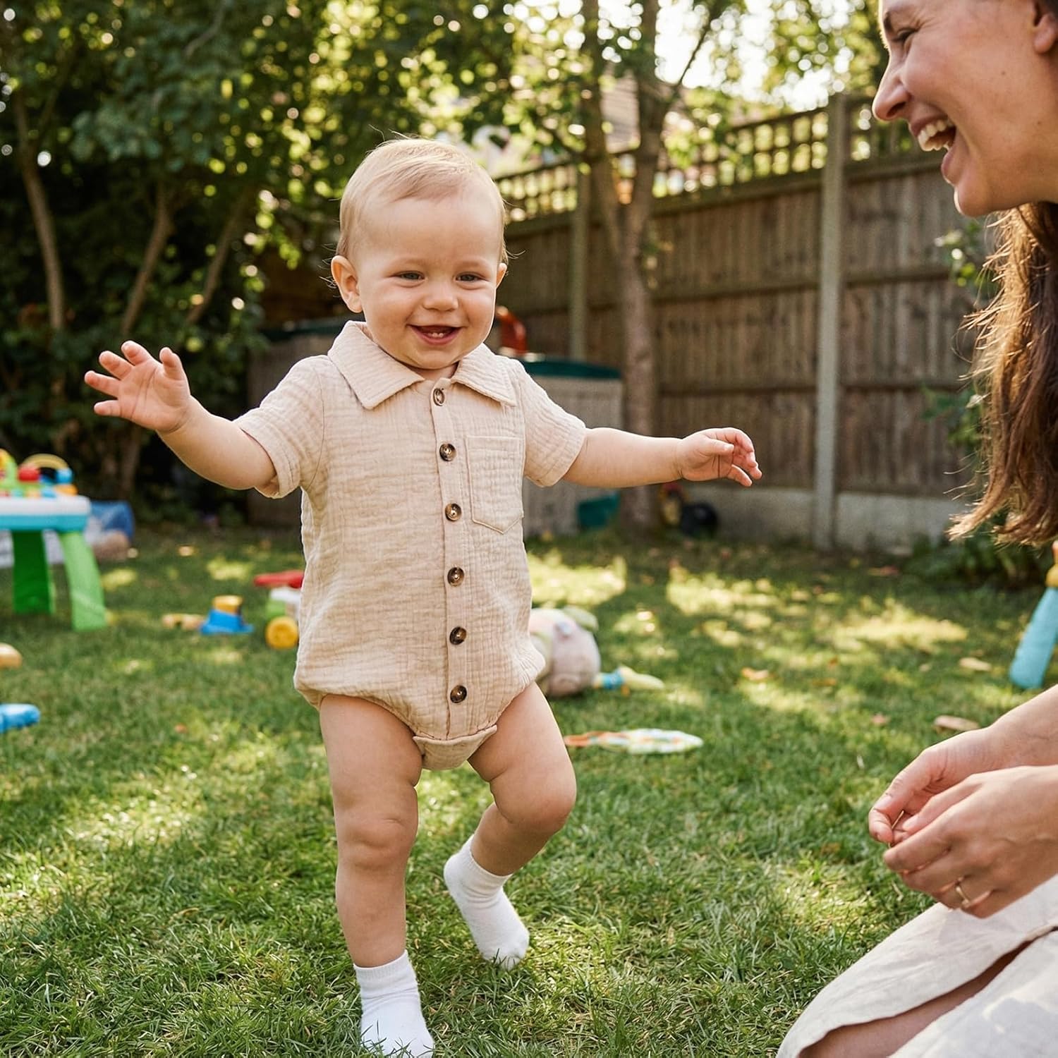 Karuedoo Infant Baby Boy Summer Clothes Muslin Button Up Shirt Bodysuit Short Sleeve Collared Bubble Romper One Piece Outfit - Image 3