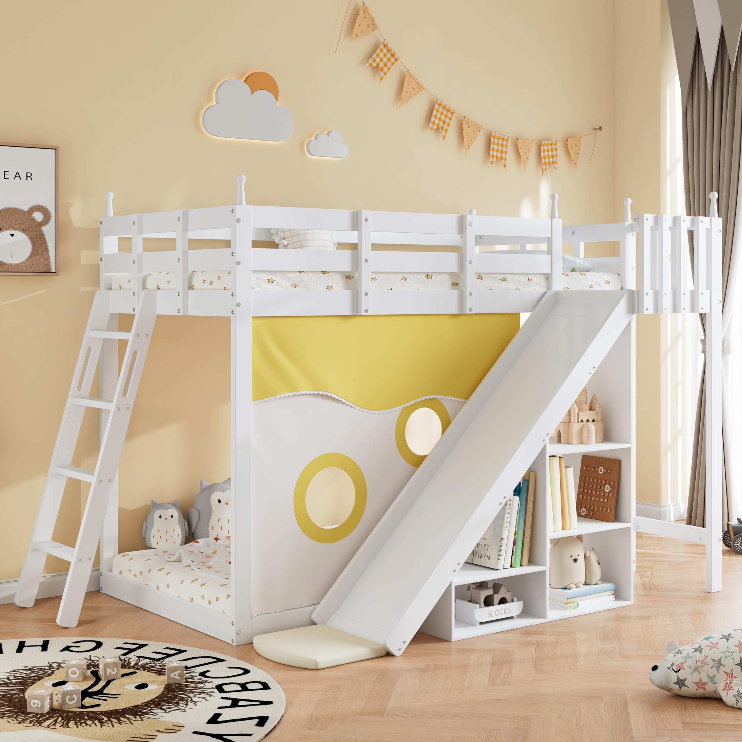 Letto A Castello Con Scivolo Per Bambini, 90x200 Cm, Legno Di Pino, Bianco, Scala Reversibile