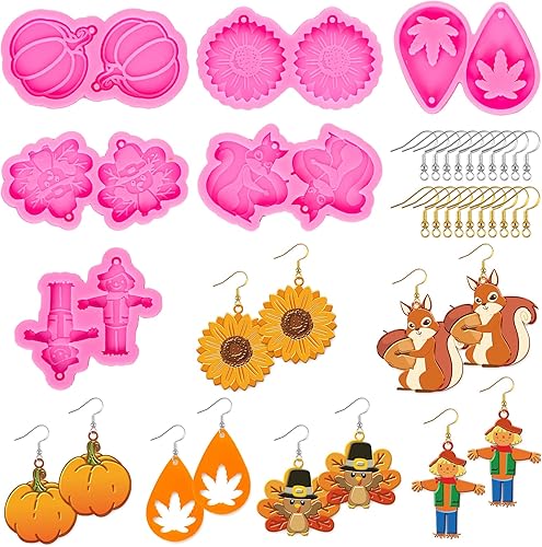 Whaline 6 pares de moldes de resina para aretes de Acción de Gracias de otoño con 40 ganchos para aretes, girasol, calabaza, pavo, espantapájaros,