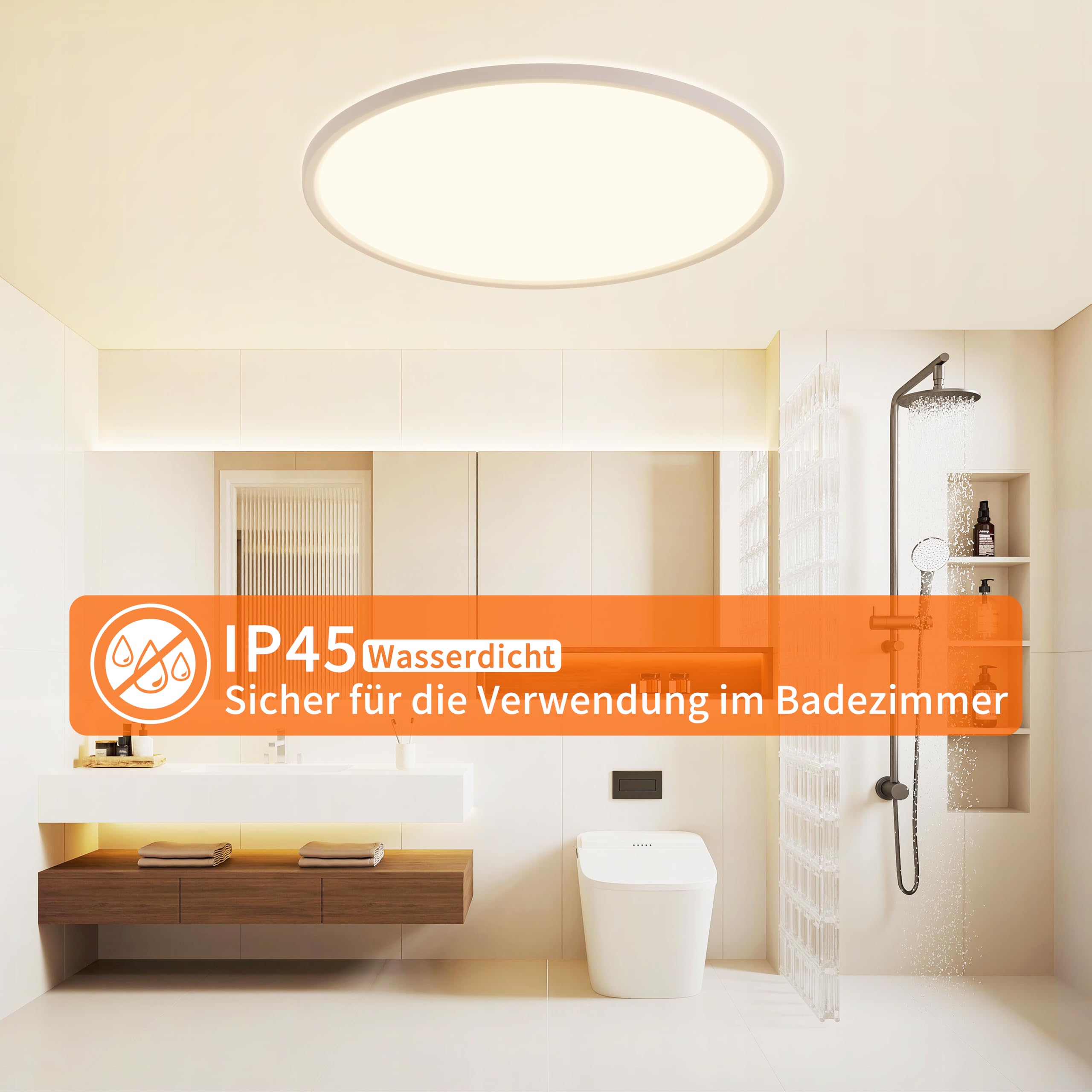 59CM LED Deckenleuchte Dimmbar mit Fernbedienung 56W Weiß | Dimmbar 3000-6500K, Ultra Dünn 2.5CM, Wasserfest IP45, 60s/1Hrs Timer, 10–100 % Helligkeit, Nachtlicht, für Schlafzimmer