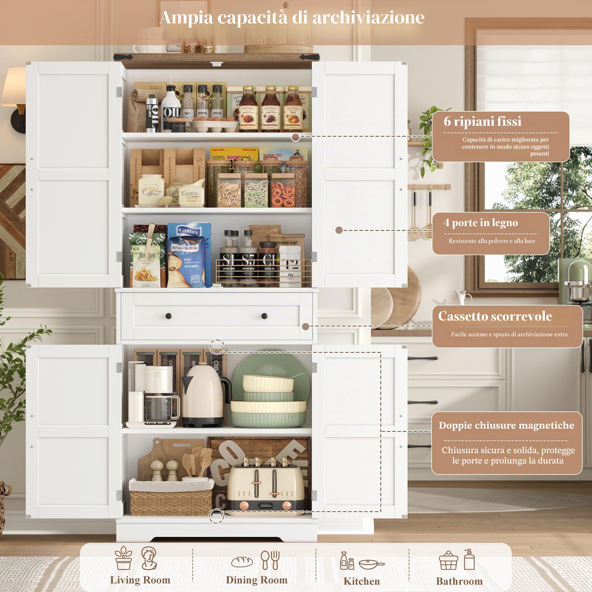 Credenza Cucina Alta, Mobile Dispensa Cucina, 4 Ante e 1 Cassetti