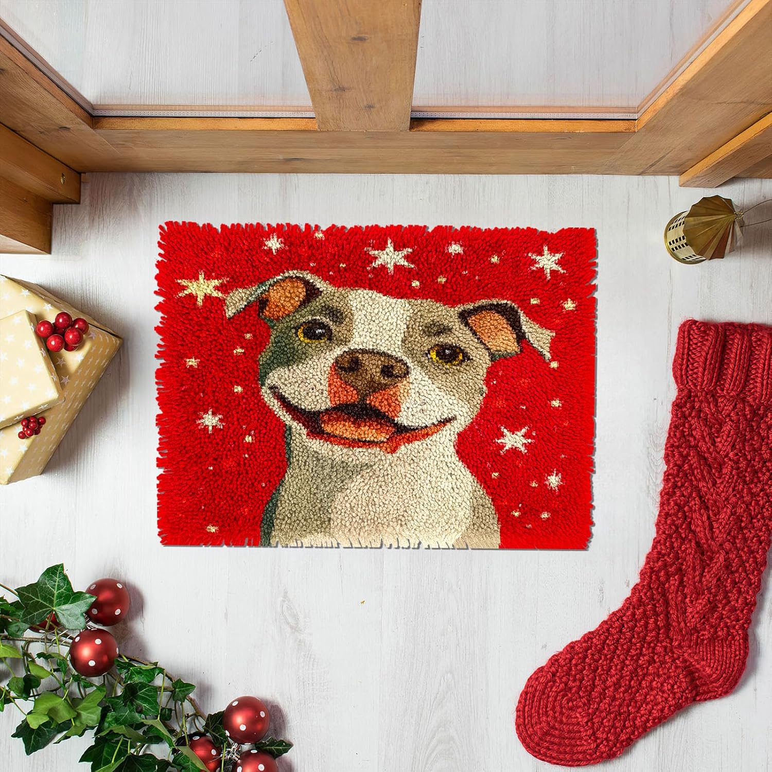 Latch Hook Rug Kit for Adults Merry Christmas Pitbull Dog Pre-Printed Handmade Carpet Crochet Yarn Craft DIY Hook and Latch Door Mat Tapestry Home Floor Decoration 60x40cm(1)