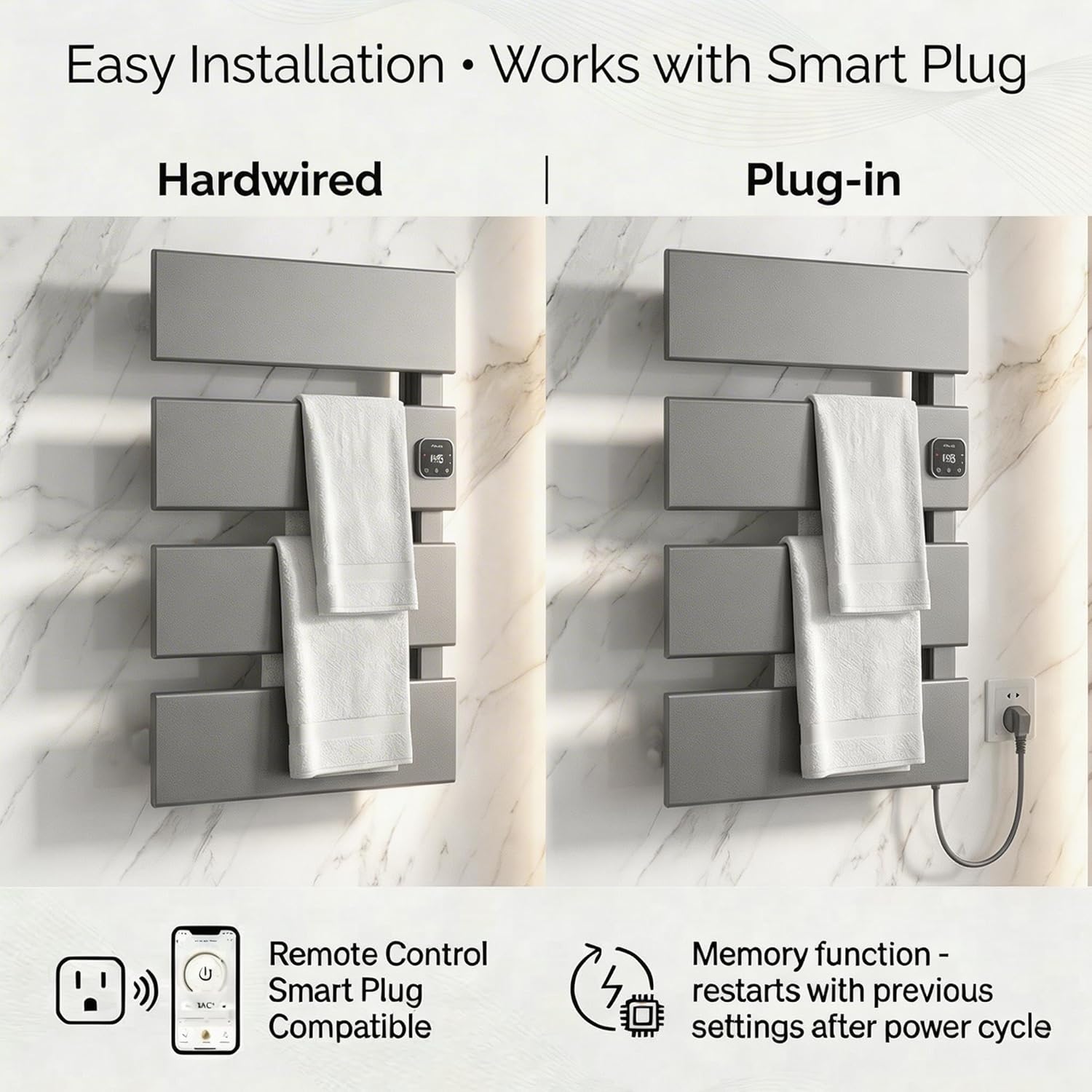 Electric Towel Warmer, Heated Towel Rack with Thermo Control and Timer, Fast Heating Towel Rail for Bathroom with Memroy Function, Work with Smart Plug, Right-Wiring, 4 Panel, Gun Gray