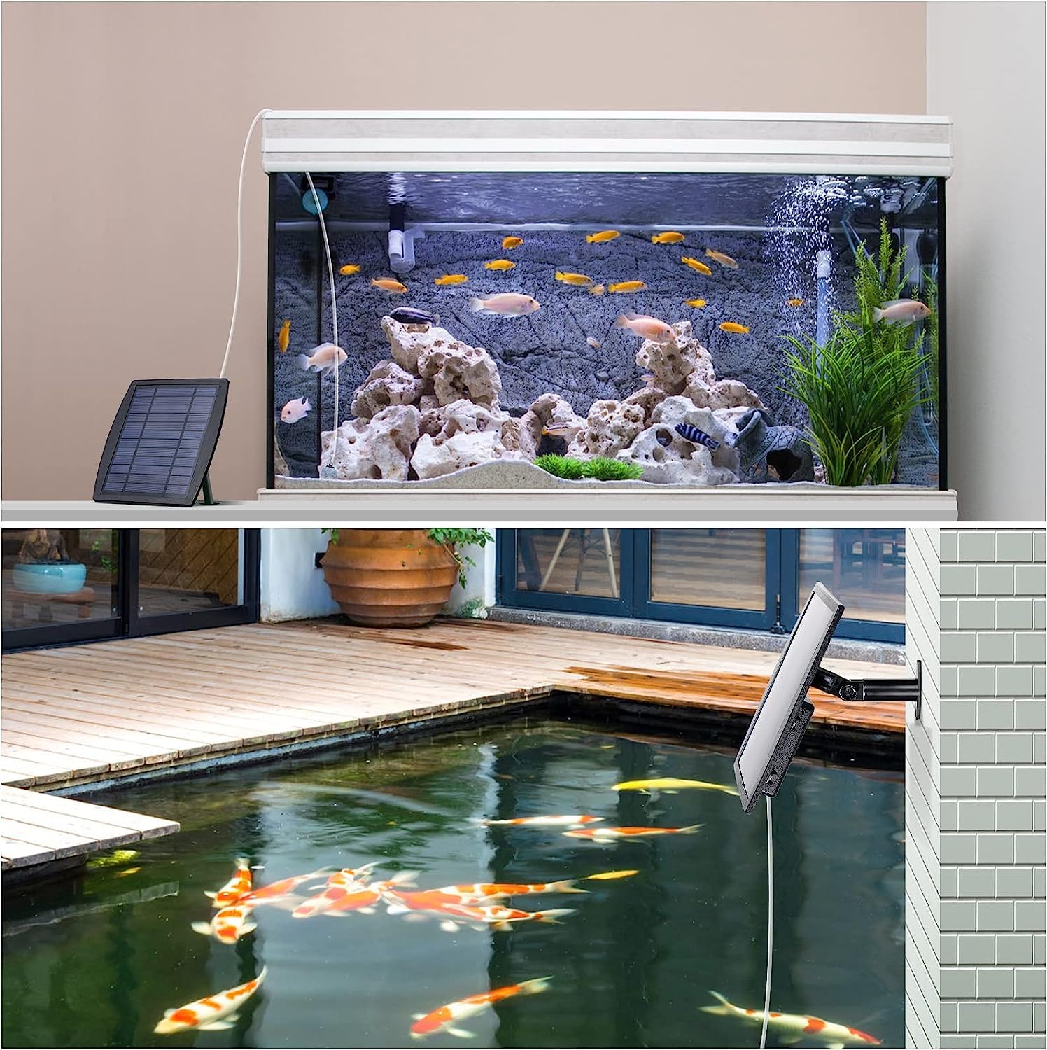 Aoresac Pompes à Air Aquarium Solaire, Bulleur Bassin avec Oxygène Pipe et 2 Air Bubble Stone, Pompe à Oxygène Solaire pour Bassin Aquarium