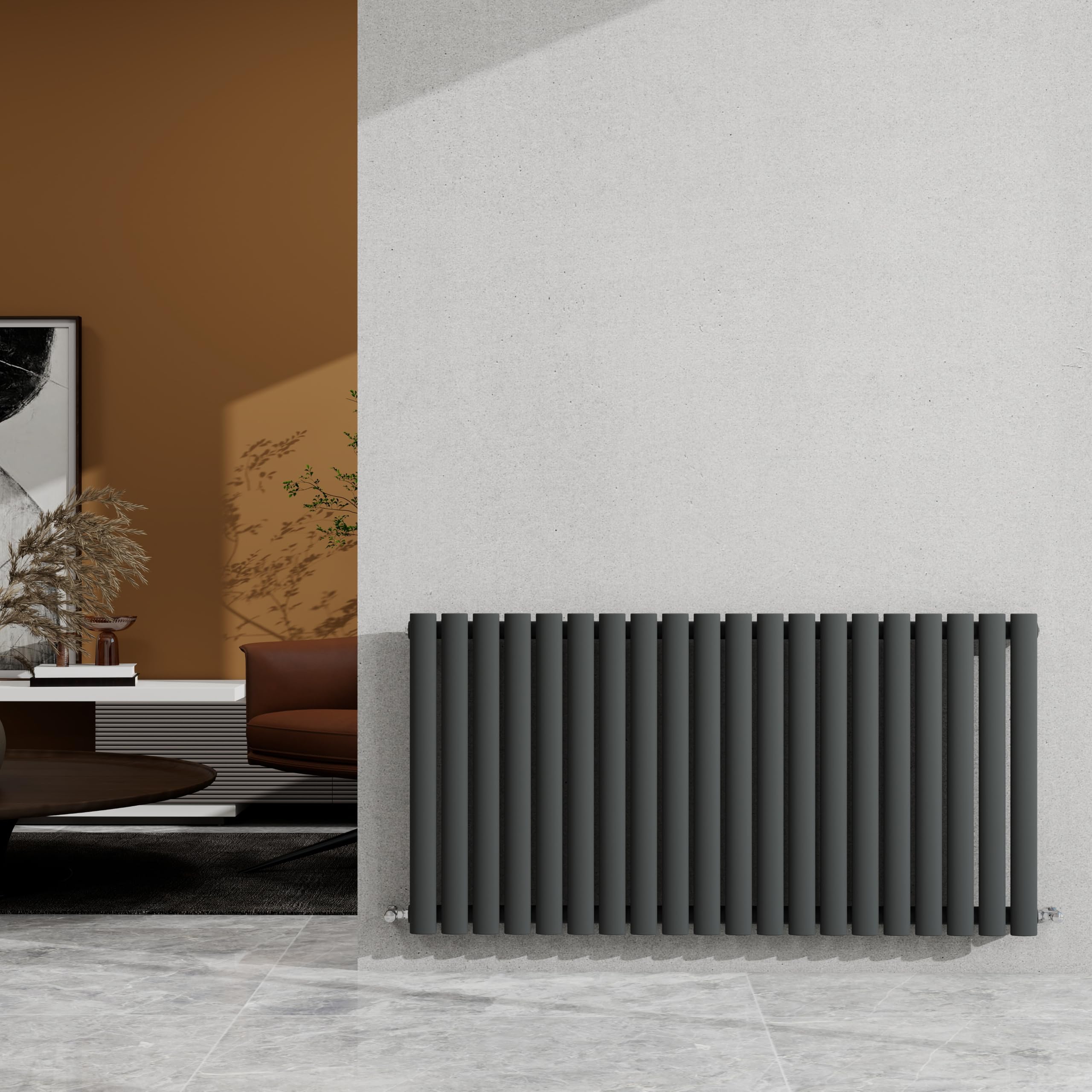 600×1180mm Anthracite Single Oval Column Radiator Horizontal 3045 BTU