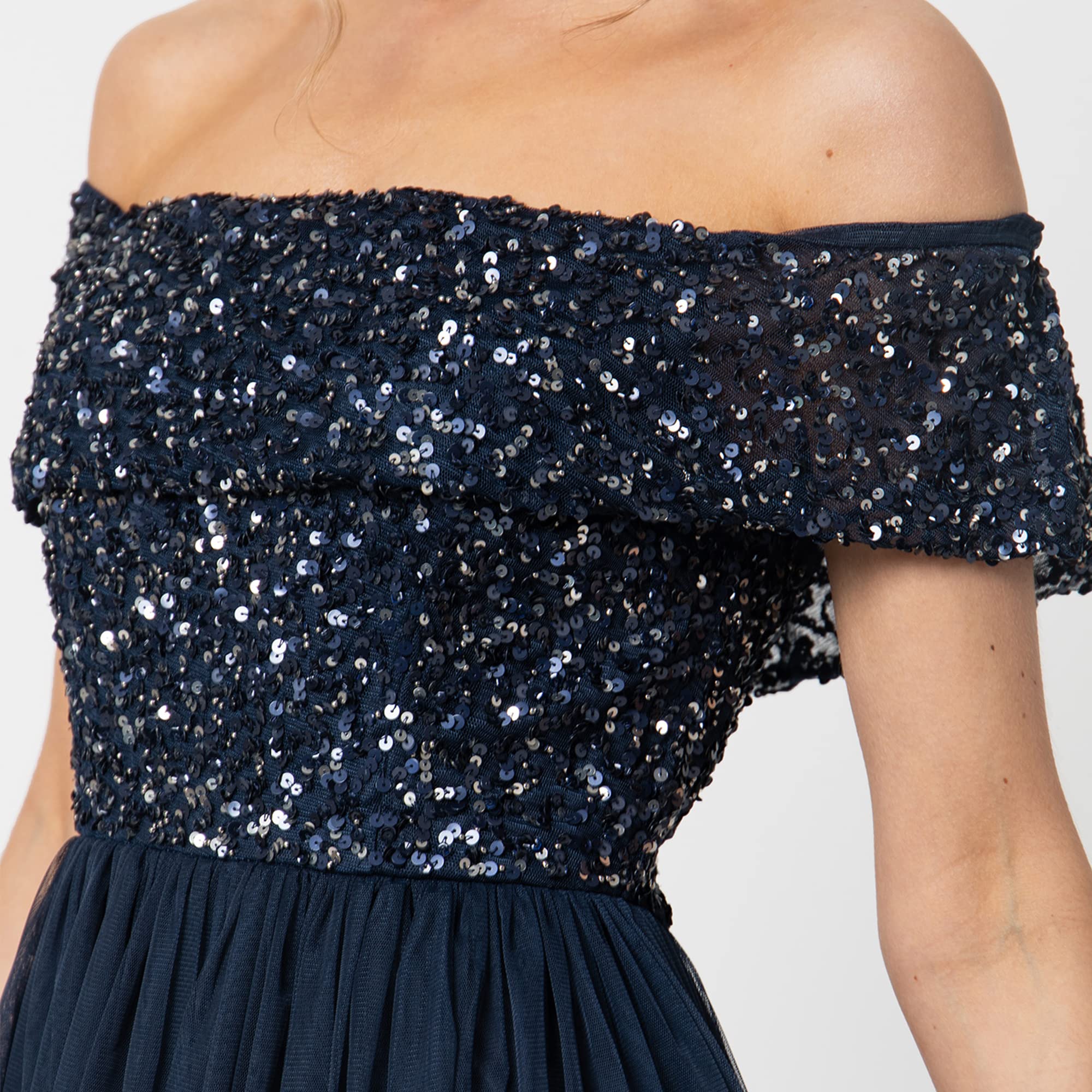 Abendkleid mit Pailletten - Cocktailkleid Damen mit V-Ausschnitt - Tüllkleid Damen mit Kurzen Ärmeln