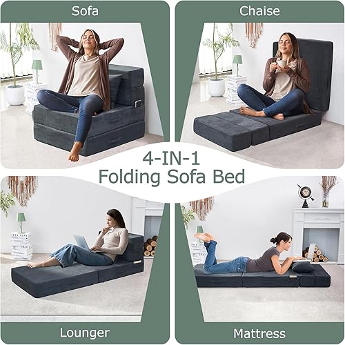 Miniatura 5 de Sofá cama plegable, silla convertible 4 en 1 con almohada, silla plegable de espuma viscoelástica individual, sofá futón moderno para sala de estar,