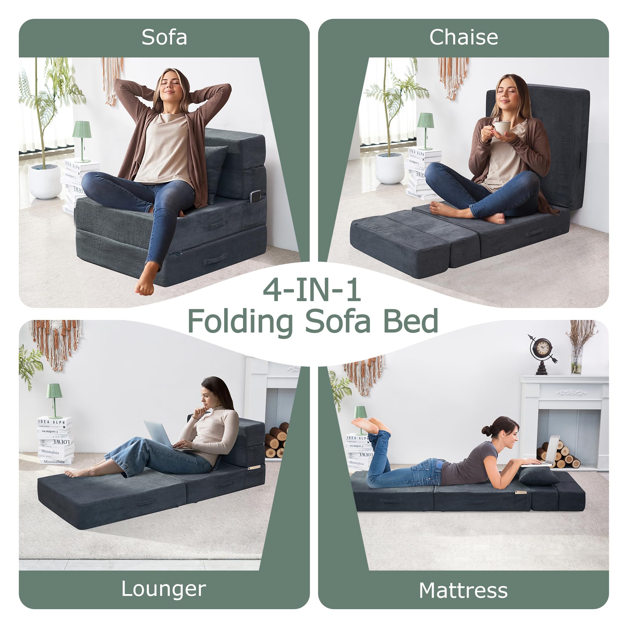 Sofá cama plegable, silla convertible 4 en 1 con almohada, silla plegable de espuma viscoelástica individual, sofá futón moderno para sala de estar, invitados, apartamento, color gris oscuro 5