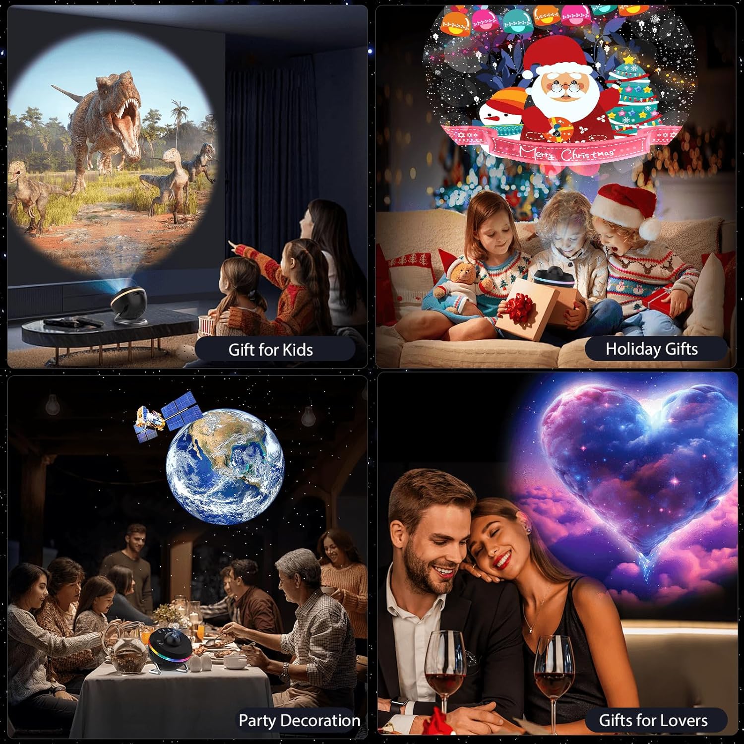Collage of various usage scenarios for the galaxy projector, including gifts for kids, holiday gifts, party decoration, and gifts for lovers.