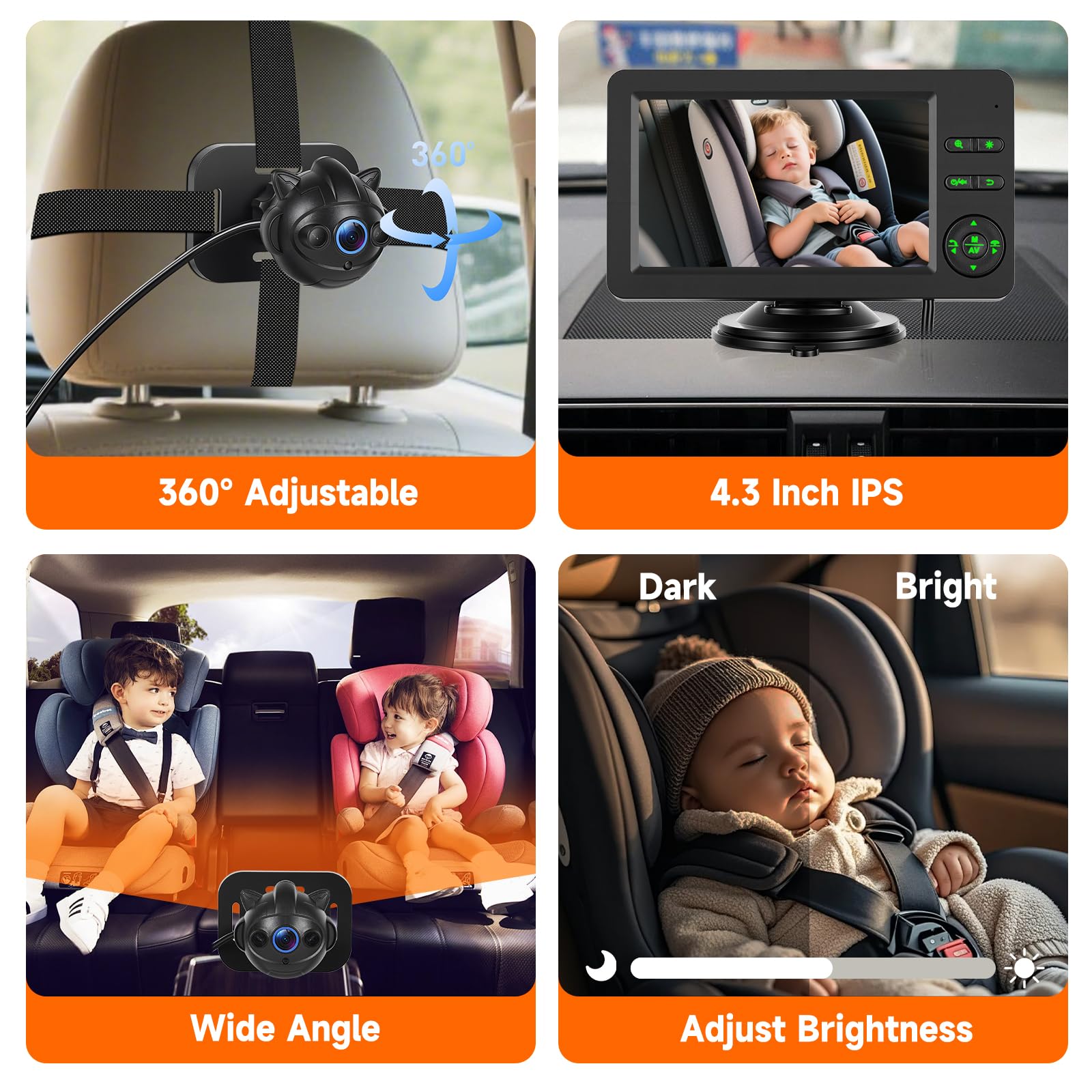 VECHTEL Monitor Bebé para Coche Asiento Trasero, Pantalla 4,3'' HD 720P, Cámara Gran Angular 360°, Visión Nocturna, Bluetooth, Teclas Retroiluminadas, Instalación Rápida para Viajes Familiares