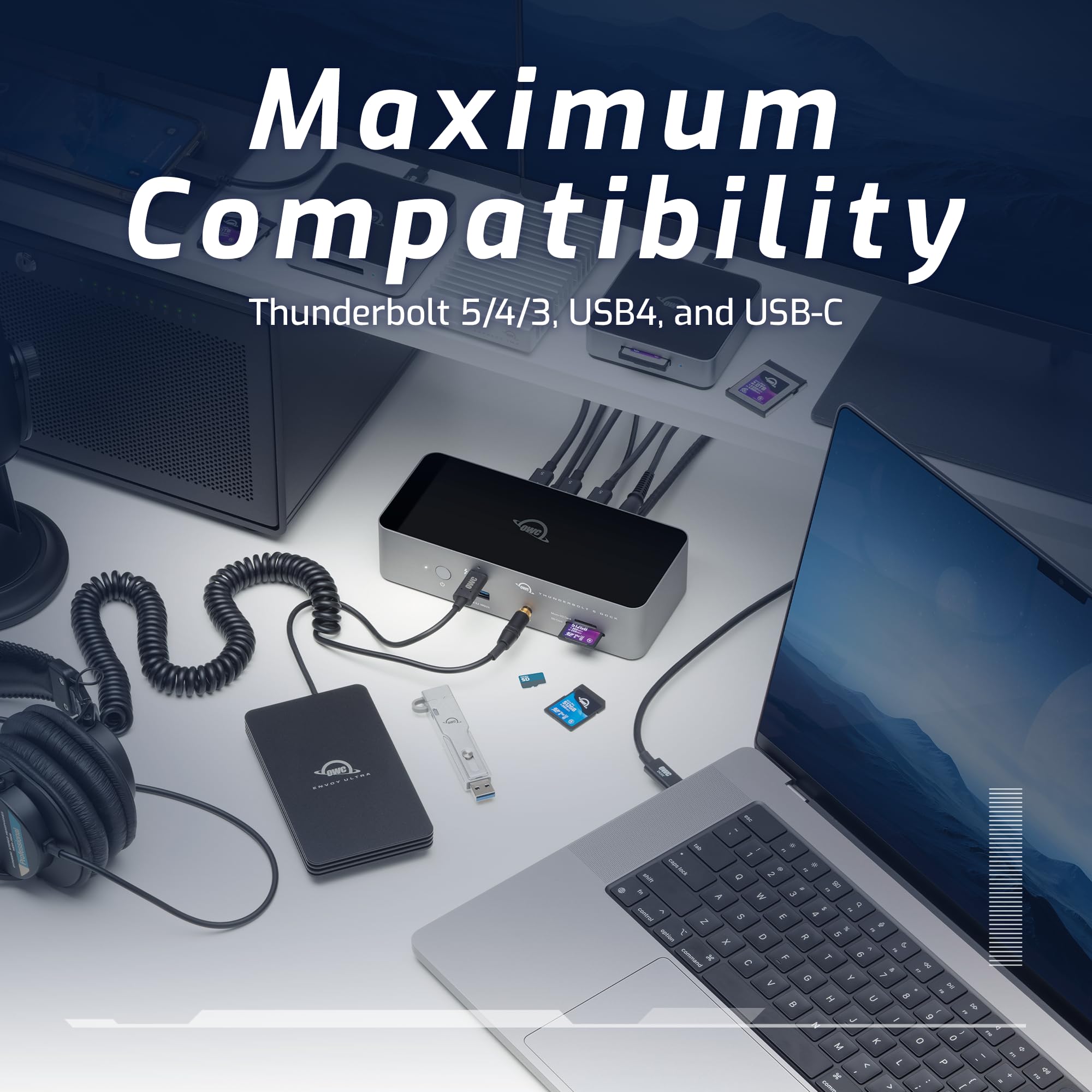 OWC Estación de acoplamiento Thunderbolt 5 de 11 puertos, 2.5 GbE, lector de tarjetas SD/Micro-SD, conector de entrada y salida de audio, puertos USB 3.2 tipo A, suministro de energía de 140 W