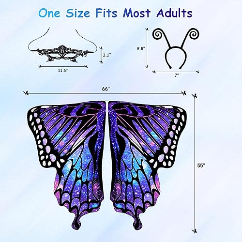 Miniatura 6 de Tibeha Disfraz de mariposa de Halloween para mujer, chal con alas para adultos, con máscara de encaje y diadema de antenas