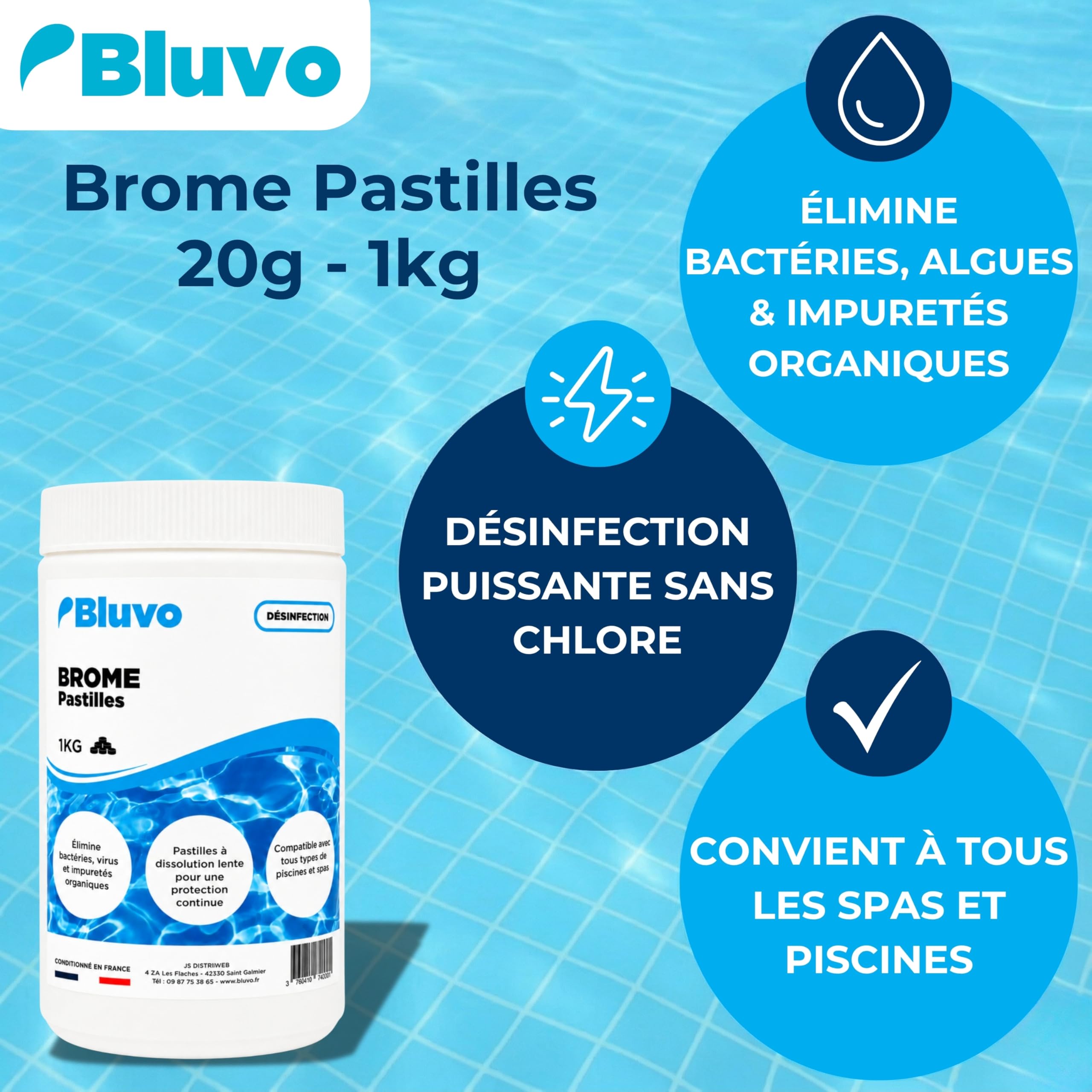 Brome Pastilles 20g - 1KG | Traitement Spa & Piscine Sans Chlore | Désinfectant à Dissolution Lente pour une Eau Claire et Saine | Entretien & Purification de l’Eau adaptée à tous les Spas et Piscines