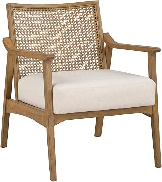 OSP Home Furnishings Alania Wood Accent Chair with Cane Back, Arms and Padded Seat, Linen Fabric with Coastal Wash Frame