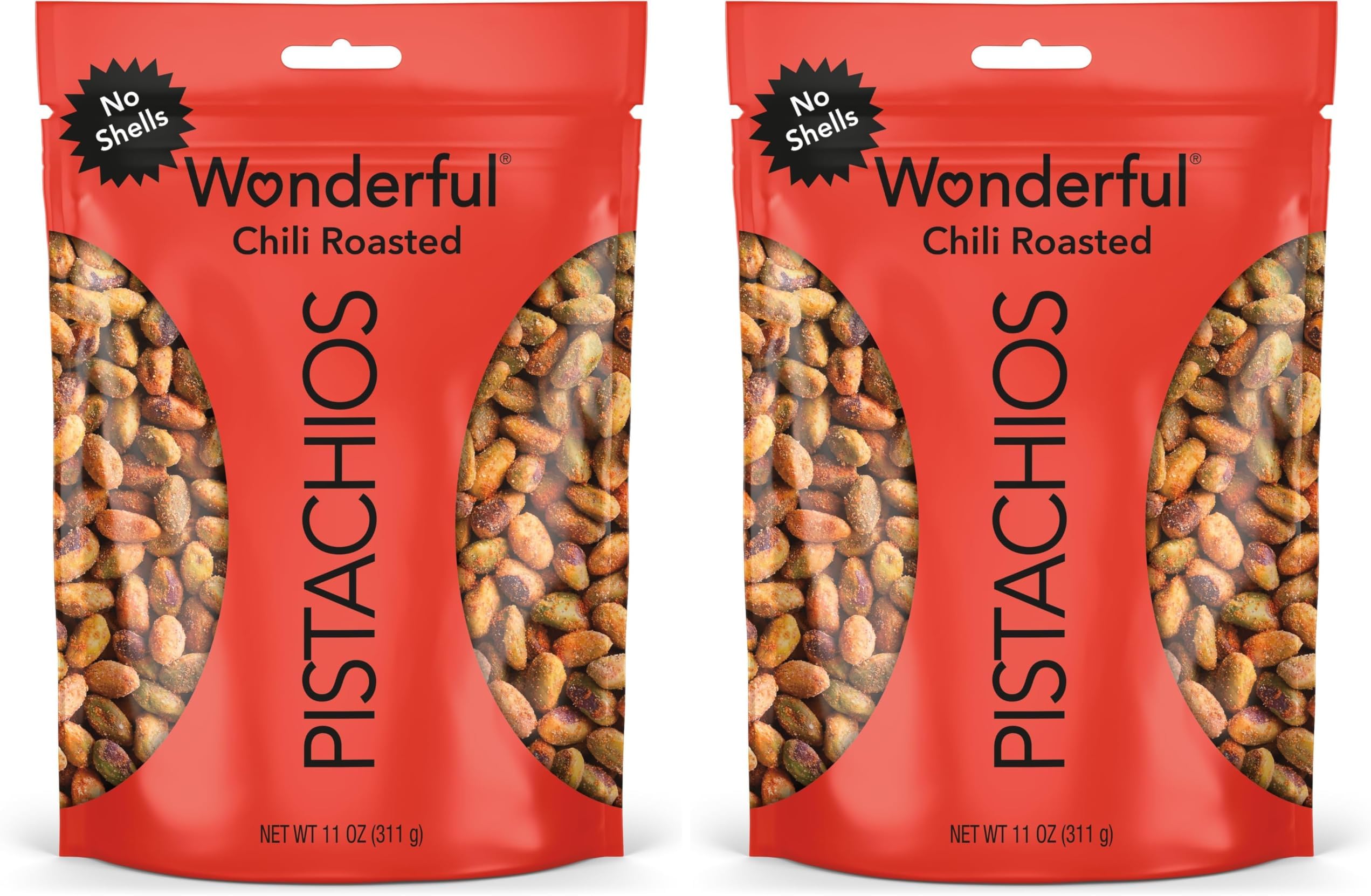 Wonderful Pistachios No Shells, Chili Roasted Nuts, 11 Ounce Resealable Bag, Protein-Snacks, Gluten Free College-Snacks, HealthySnacks for Adults (Pack of 2)