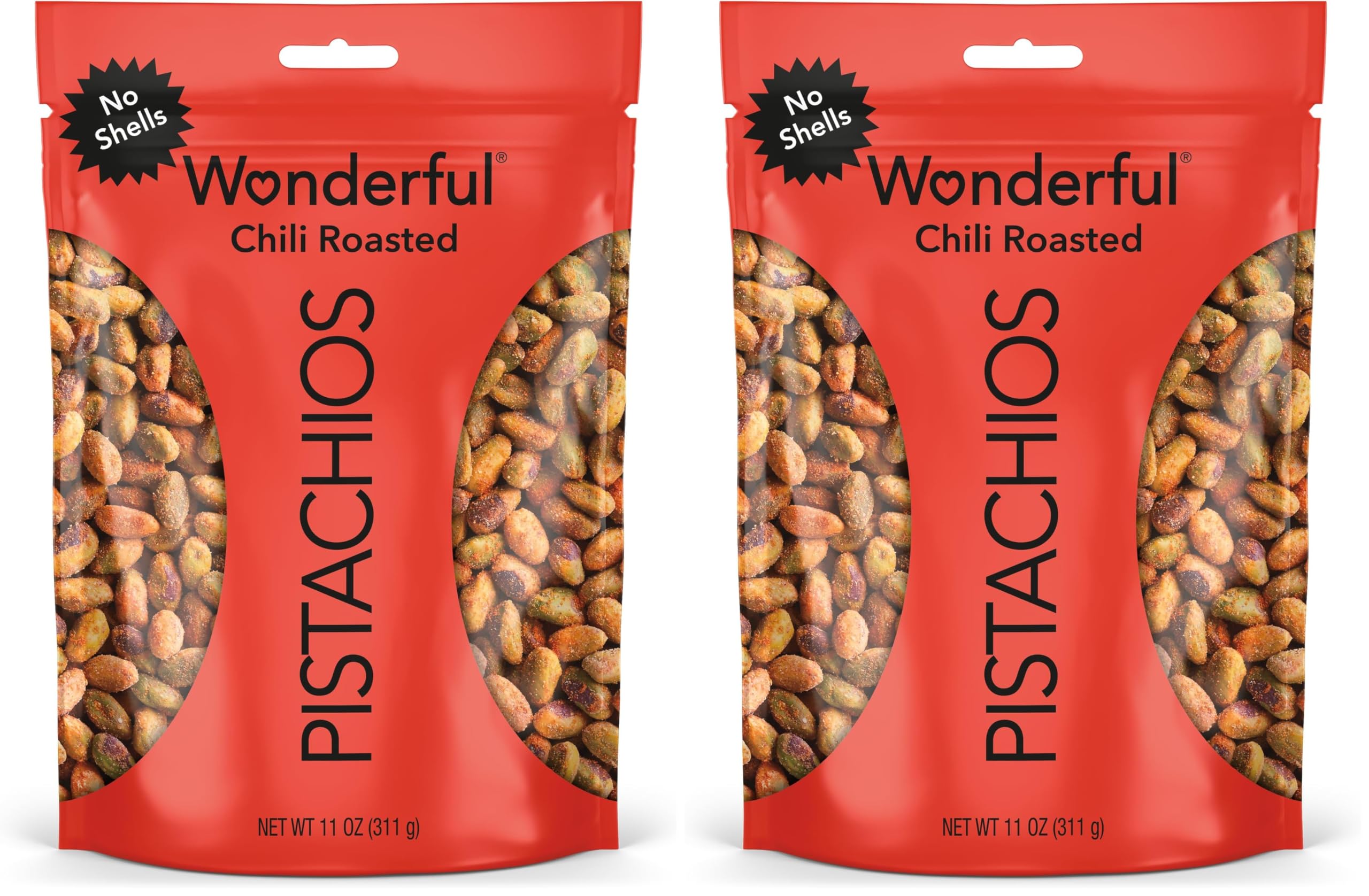 No Shells, Chili Roasted Nuts, 11 Ounce Resealable Bag, ProteinSnacks, Gluten Free CollegeSnacks, HealthySnacks for Adults (Pack of 2)