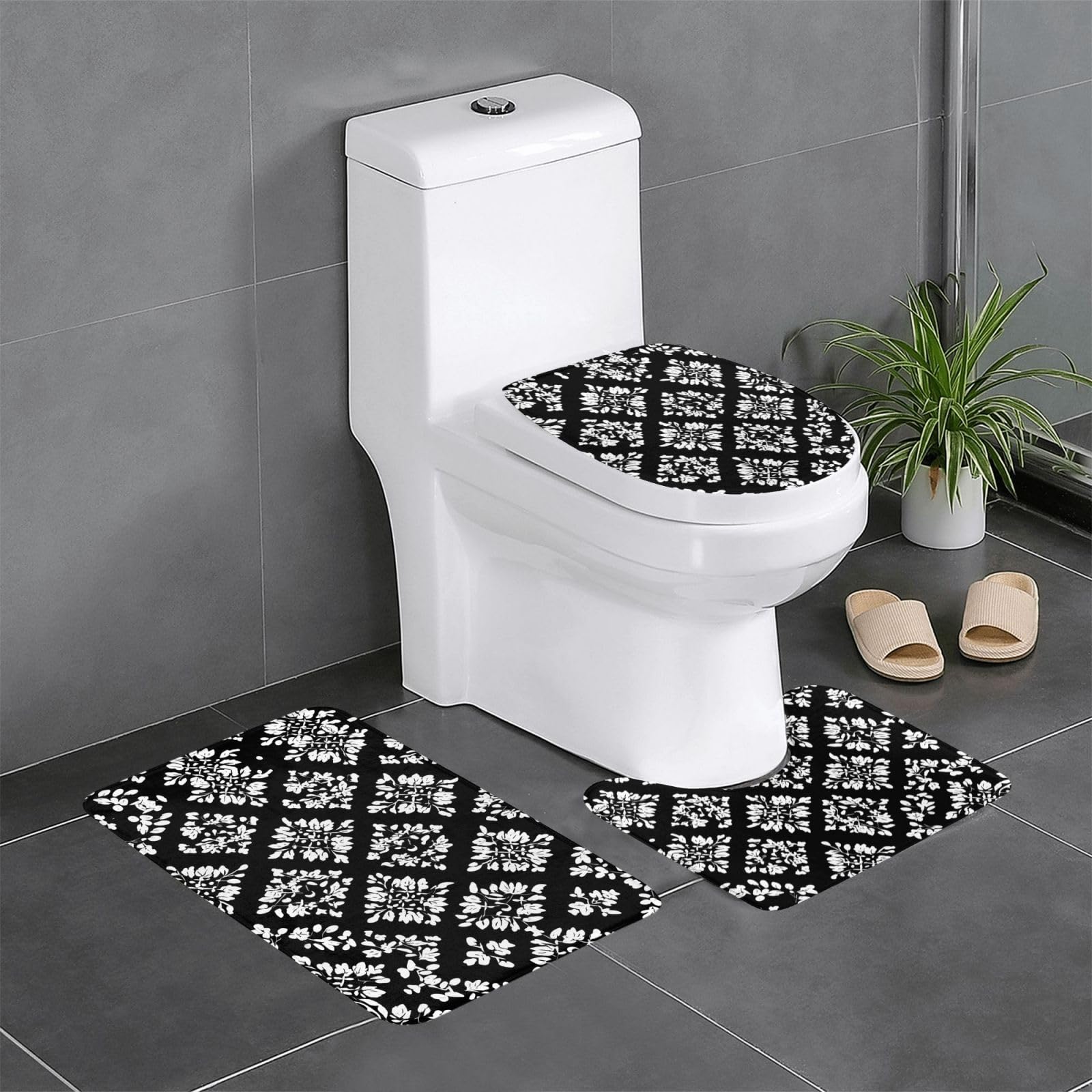 Tapis de salle de bain antidérapants absorbants motif géométrique noir blanc