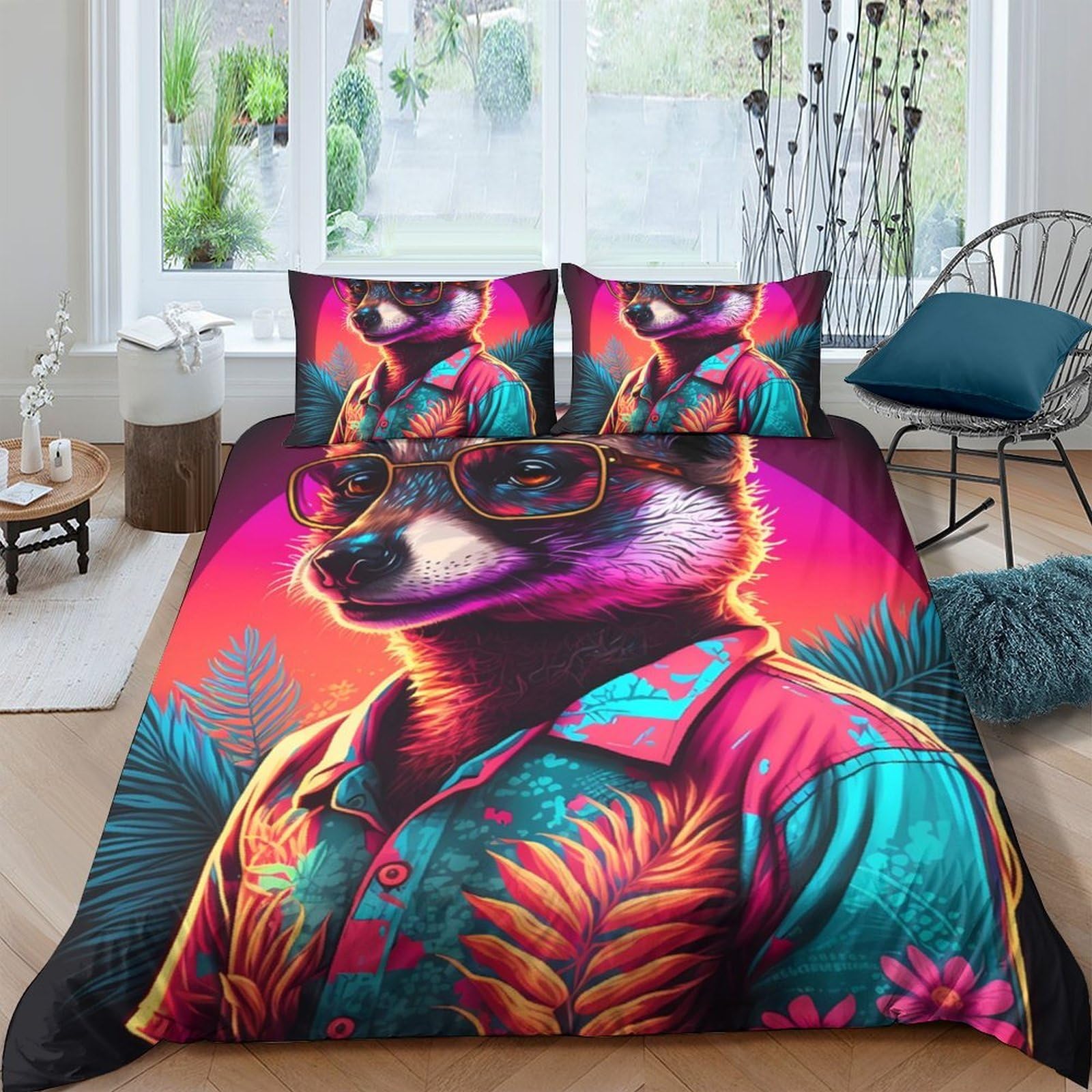 Ctjqhvkz Style-1 3D Printed Vibrant Raccoon Fitted Sheet Microfiber Soft Animal Art Bed Cover For Bedroom Dorm Guest Room Mattress Protection Decor Single（135X200cm）