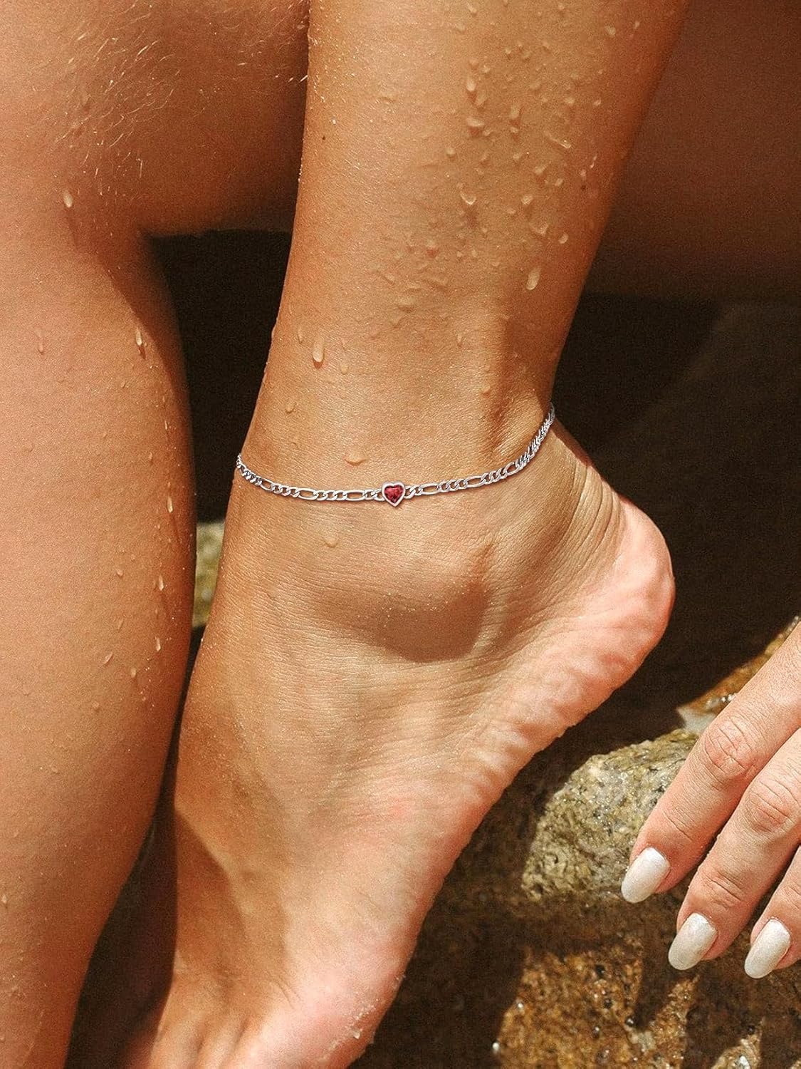 U7 SILVERCUTE Sterling Silver Anklets for Women, Large Heart/Round Birthstone Ankle Bracelet with Figaro Chain, Waterproof Summer Beach Foot Jewelry Length 8.5"-10.5" - Image 2