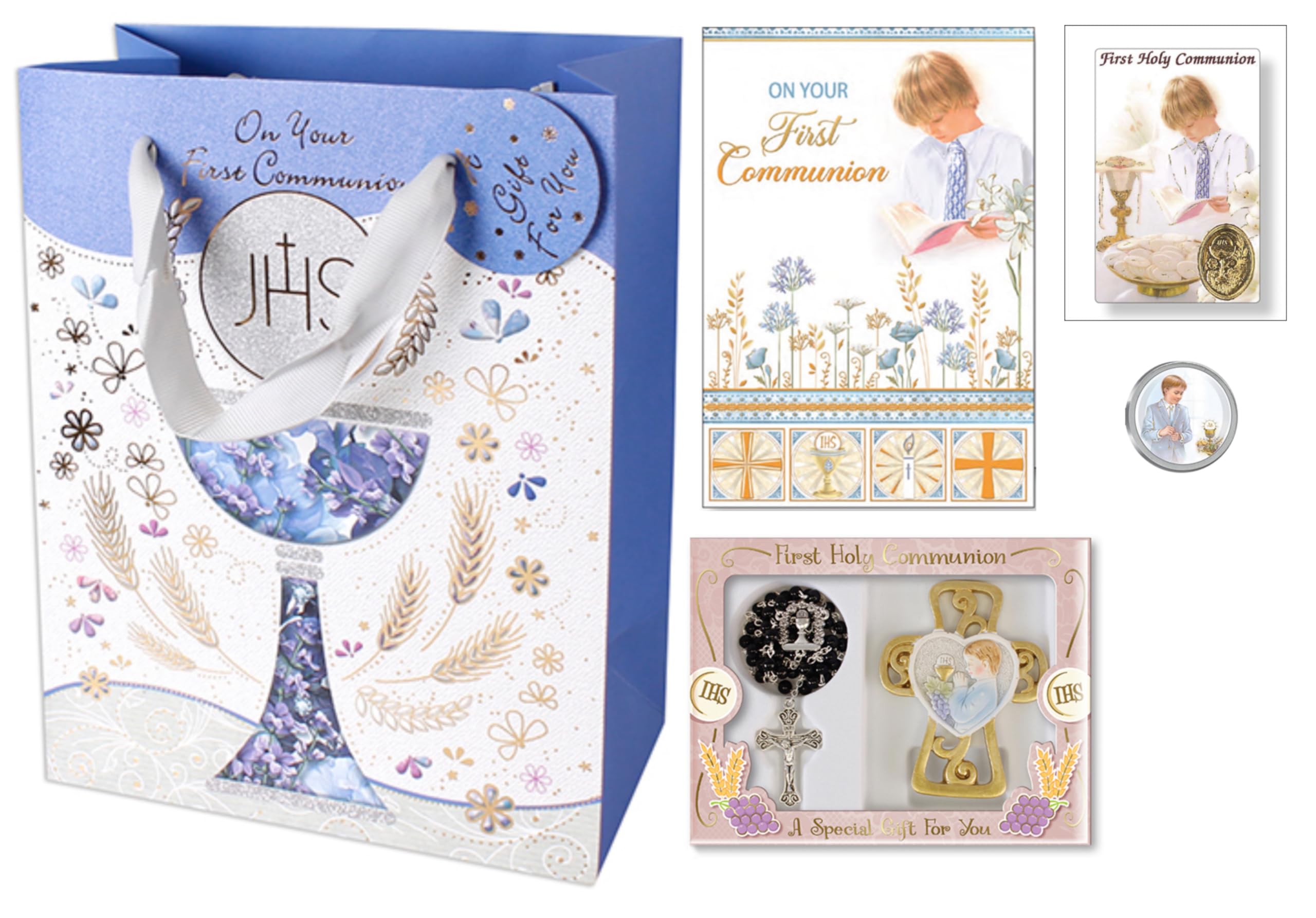 First Communion Gift Set for a Boy, Rosary Beads, Standing Cross, Greetings Card, Prayer Card, Pocket Token in a Gift Bag. Complete Quality Present for 1st Holy Sacrement.