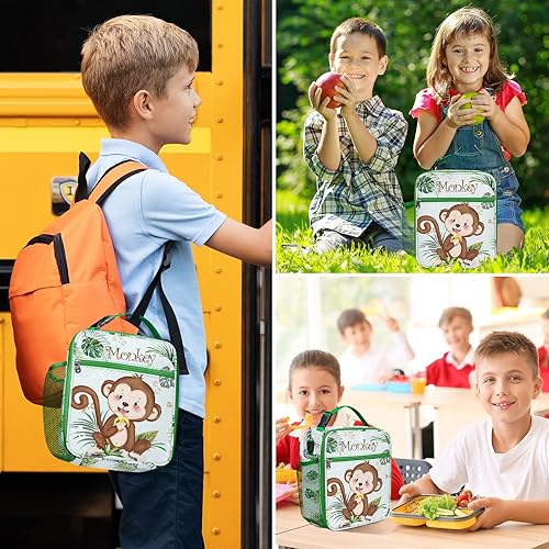 Miniatura 7 de Clastyle Bolsa de almuerzo aislada para niños y niñas, lonchera escolar con diseño de mono marrón, linda bolsa enfriadora para picnic al aire libre,