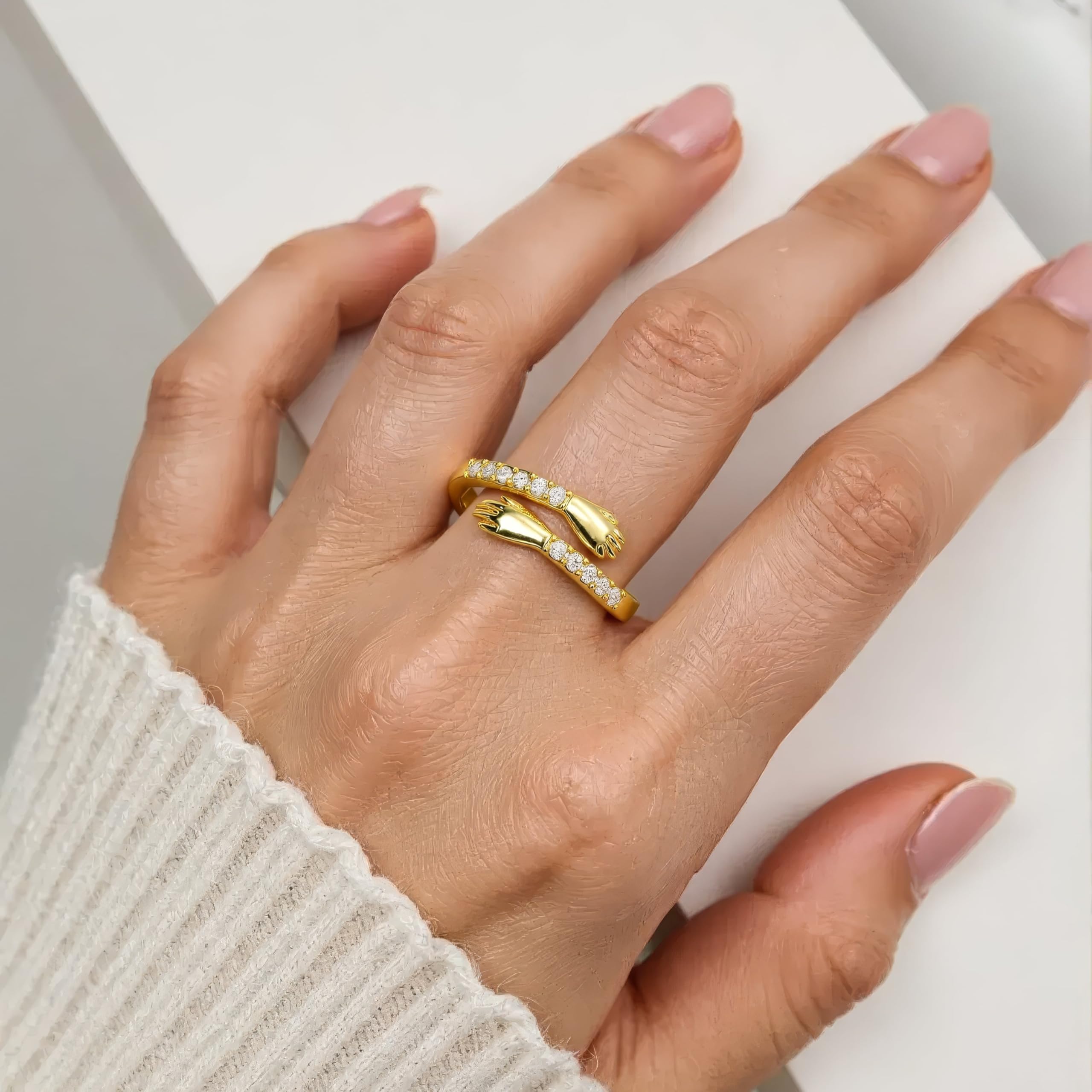 Anello abbracciante in oro con zirconi | argento sterling 925 | anello aperto placcato oro 18 carati | anello abbraccio regolabile | idea regalo