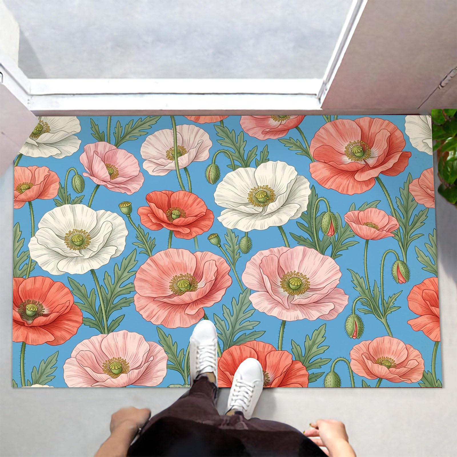 Felpudo Ultrafino para Interiores, 90X150Cm, Flor De Amapola Japonesa Alfombra Antideslizante Lavable para Entrada, Plantas Naturales Frescas Felpudo De Perfil Bajo, Atrapa Suciedad, Azul