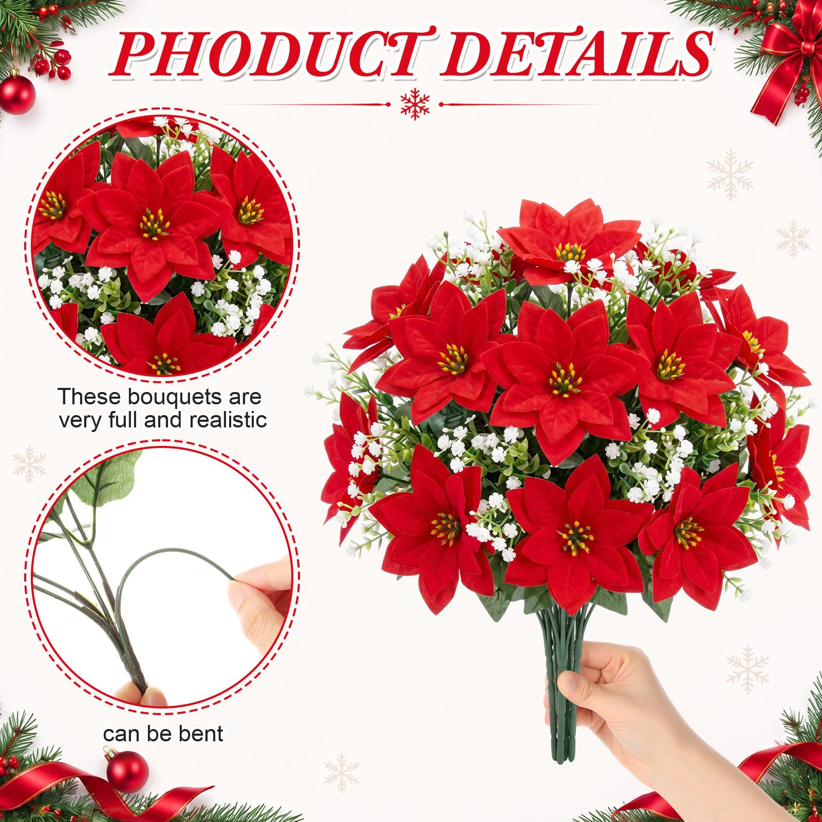 Hotop Künstliche Sträucher mit Weihnachtsstern, 16 rote Weihnachtssterne, 8 weiße Kamelien, gemischter Blumenstrauß, Stoff, Kunststoff, Blumen, Dekoration für Weihnachten, Tischvase, Kaminsims