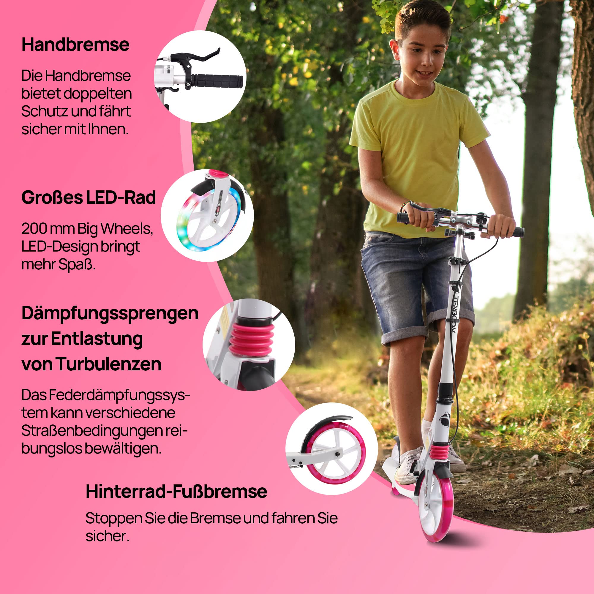 TENBOOM Ruedas de luz LED Patinete para Niños con Frenado de Mano y Frenado Trasero, Scooter para Adultos 2 Ruedas Luces, Patinete Infantil Plegable de Altura Ajustable, Regalo para Niños de 8-12años
