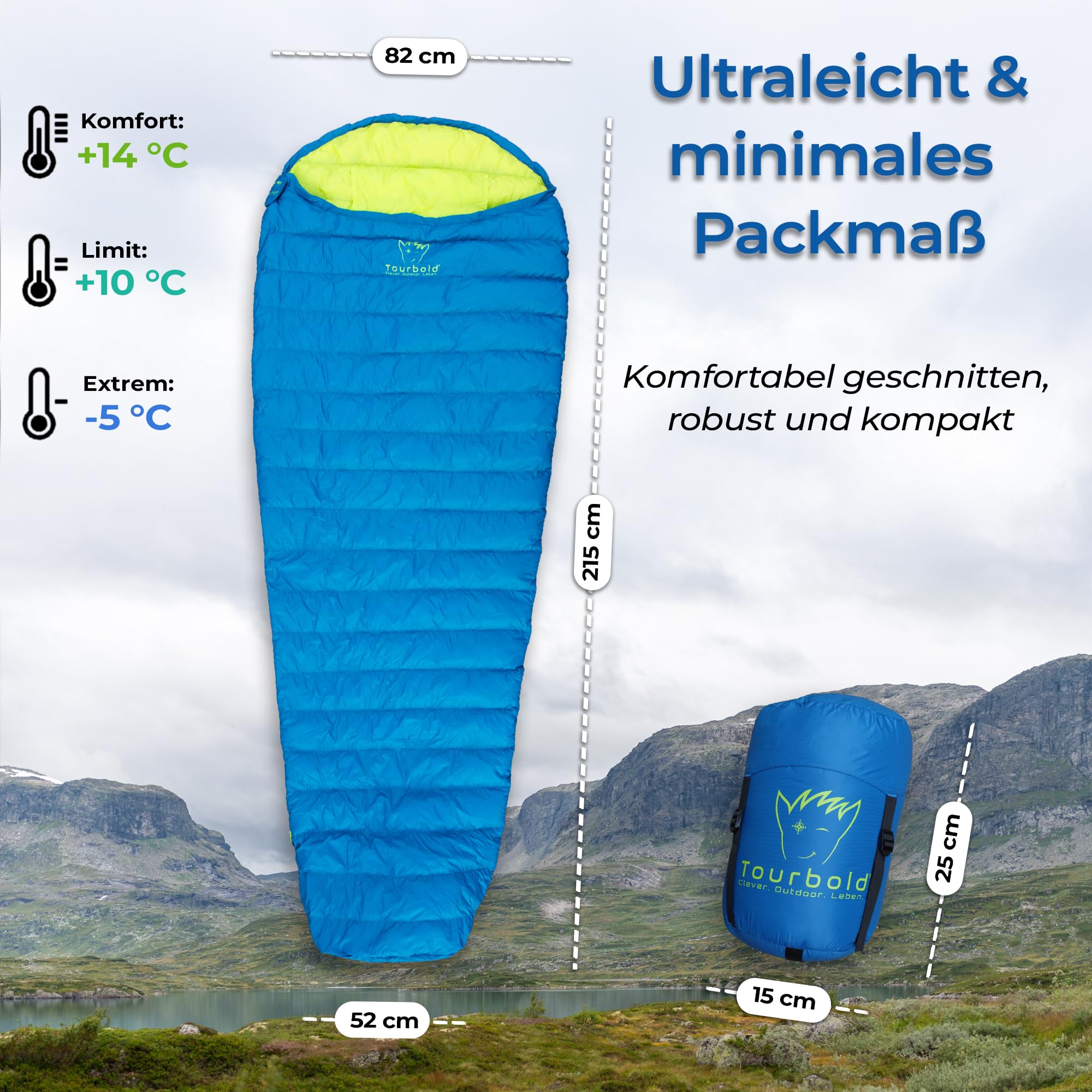 TOURBOLD® TOURBEUTEL – Ultraleichter Daunenschlafsack 550 g Koppelbar | Glow-Zipper Sommer Mumienschlafsack PFC-frei Wandern Camping Bikepacking