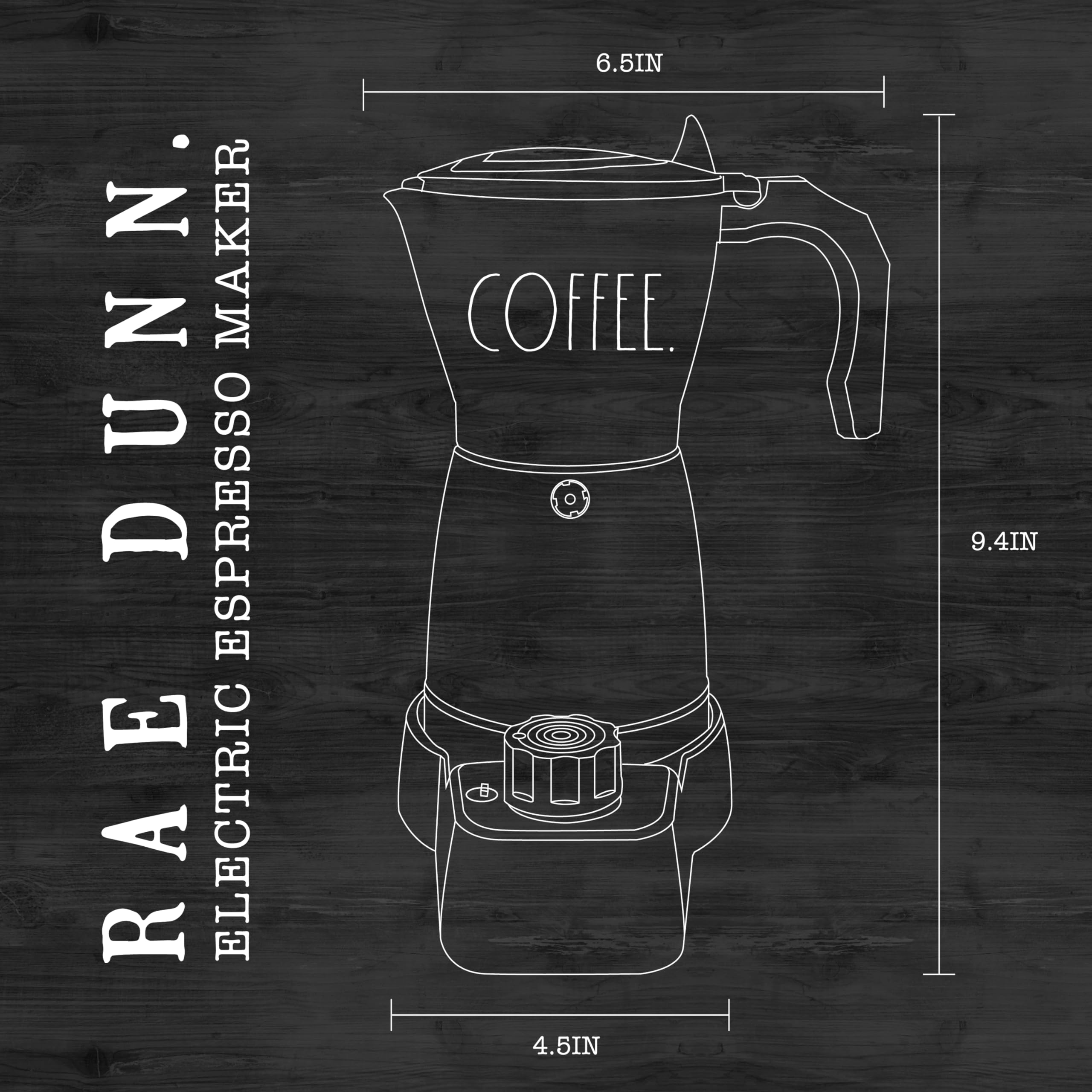 Rae Dunn 300ml Electric Espresso Maker: Brew Full-Bodied Coffee, Portable Mocha Pot, 6-Minute Boil, 15-Min Timer with Auto Shut-Off. Stylishly Labeled COFFEE, Black